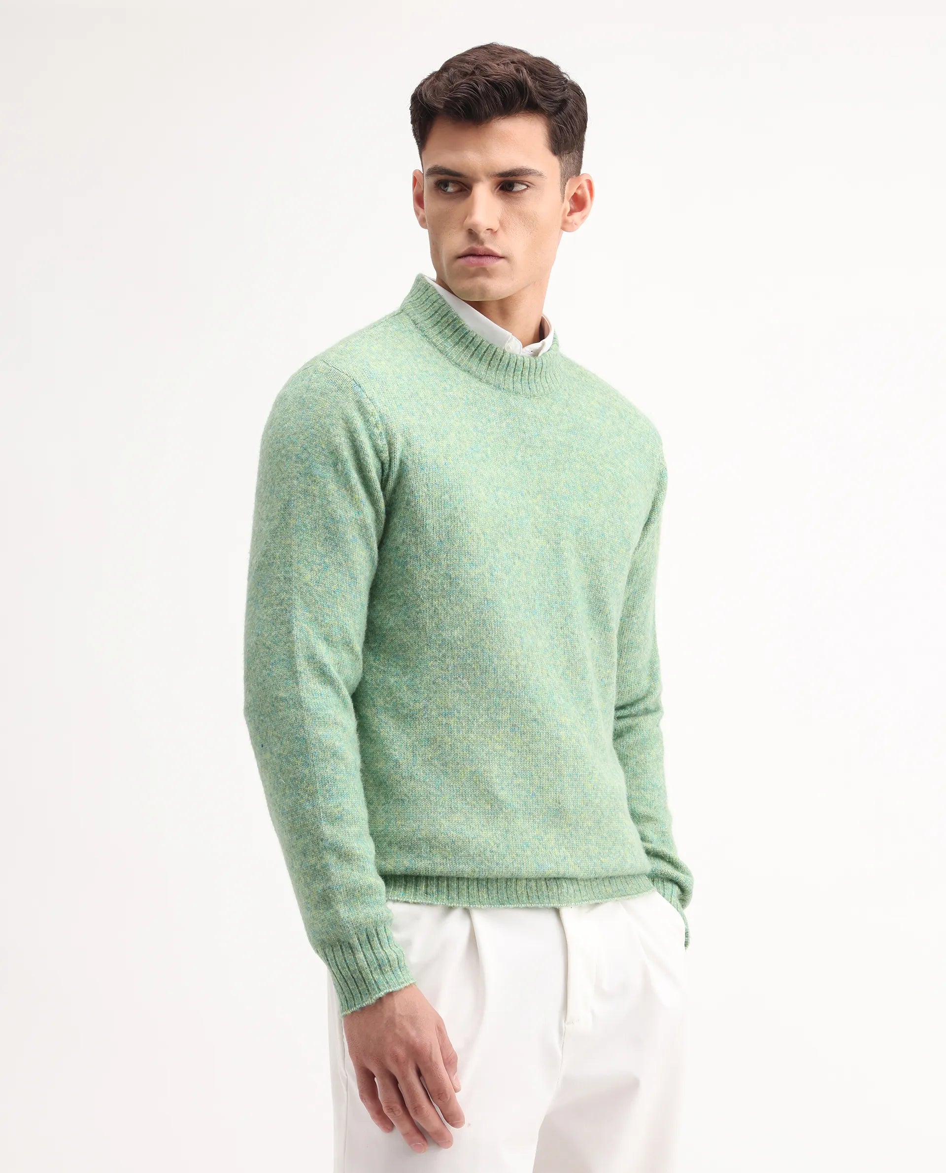 Rare Rabbit Men's Tali Dusky Green Cotton Plain Regular Fit Full Sleeve Crew Neck Sweater