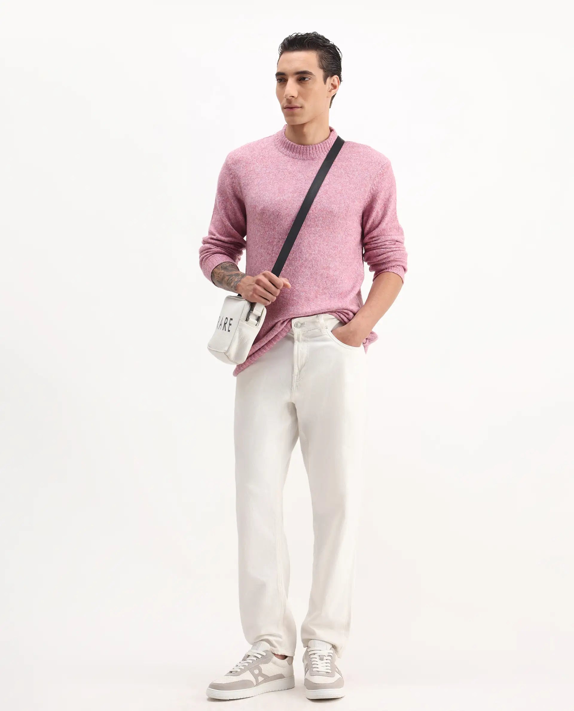 Rare Rabbit Men's Tali Light Pink Cotton Plain Regular Fit Full Sleeve Crew Neck Sweater