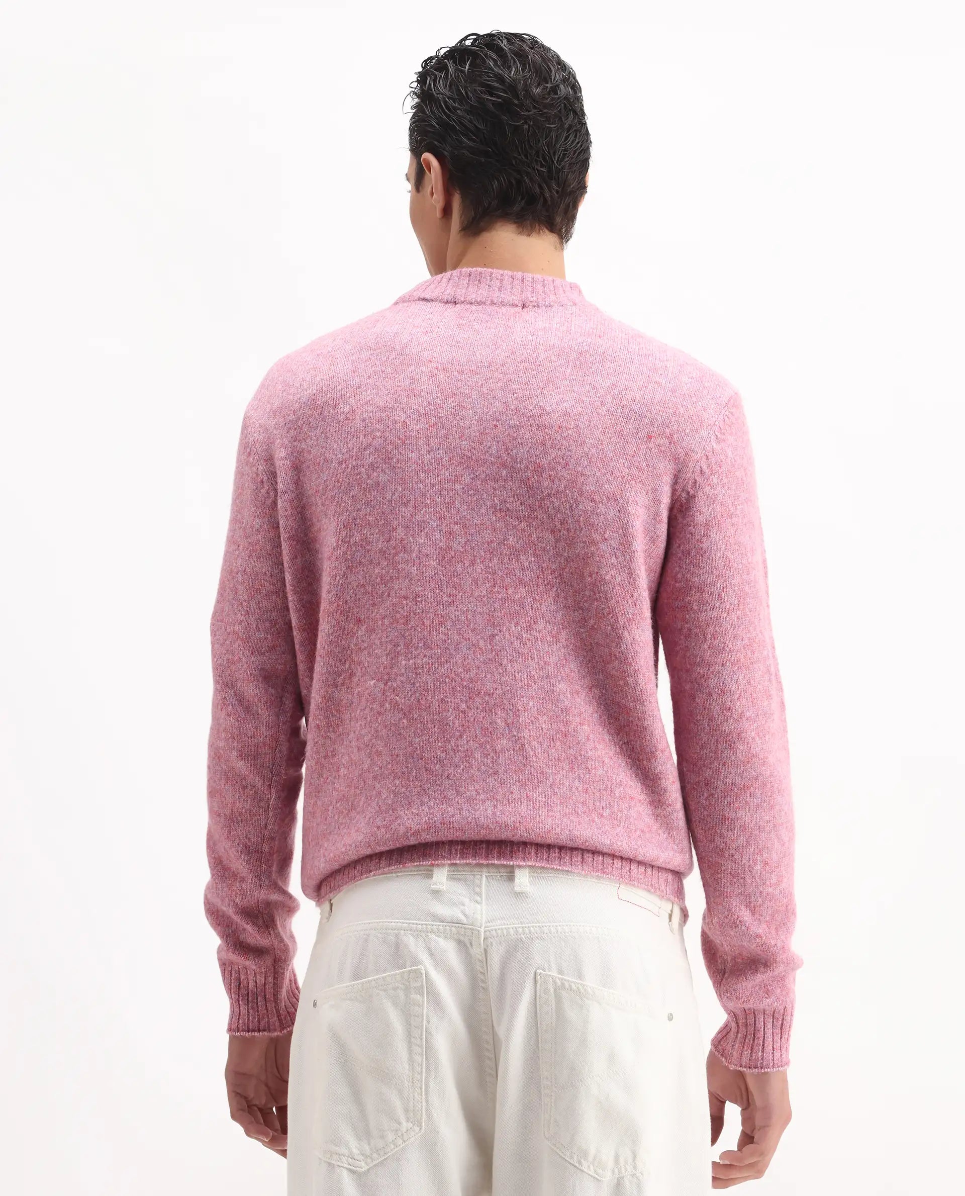 Rare Rabbit Men's Tali Light Pink Cotton Plain Regular Fit Full Sleeve Crew Neck Sweater