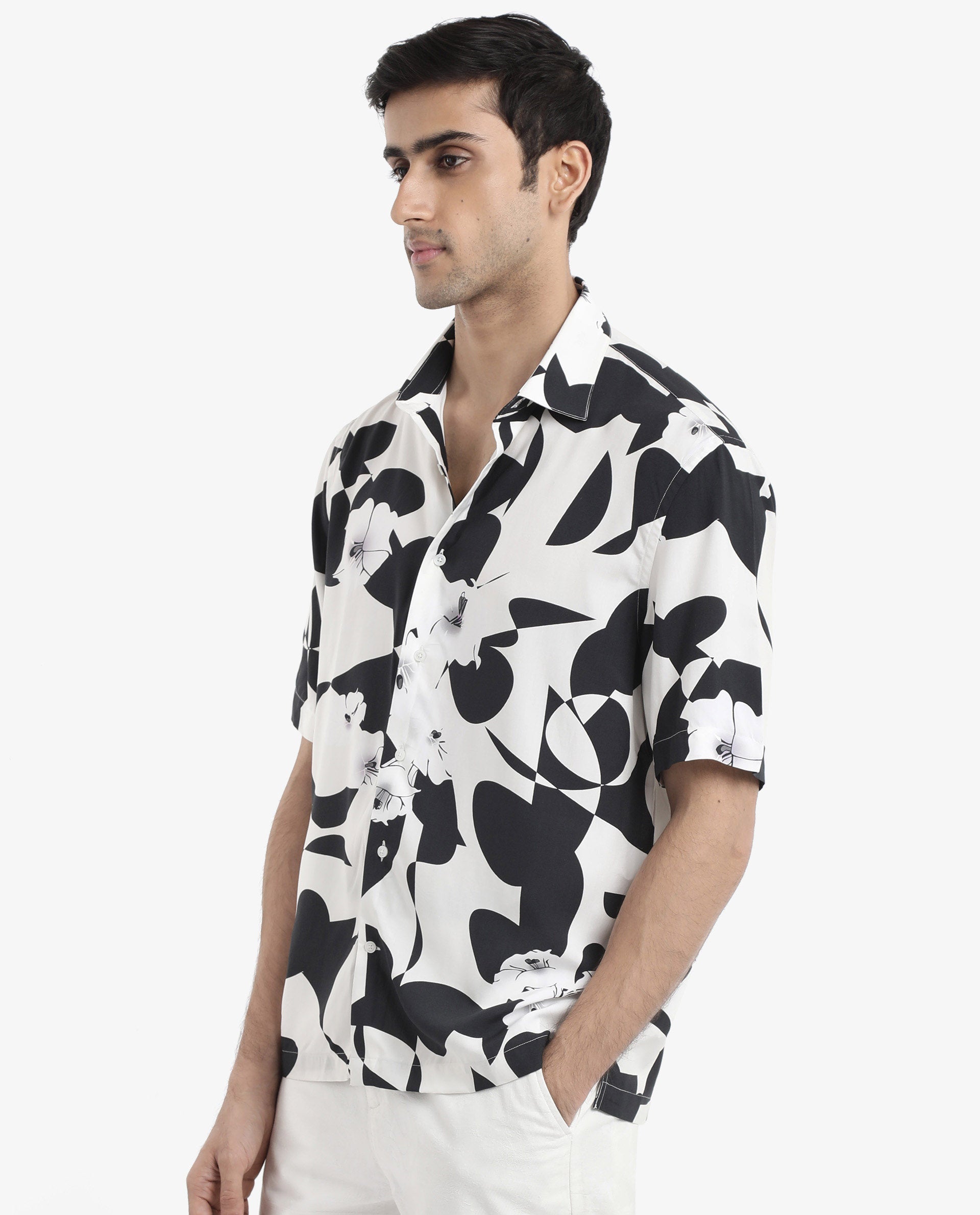 Rare Rabbit Men's Talitha White Viscose Fabric Short Sleeve Regular Collar Boxy Fit Abstract Print Shirt