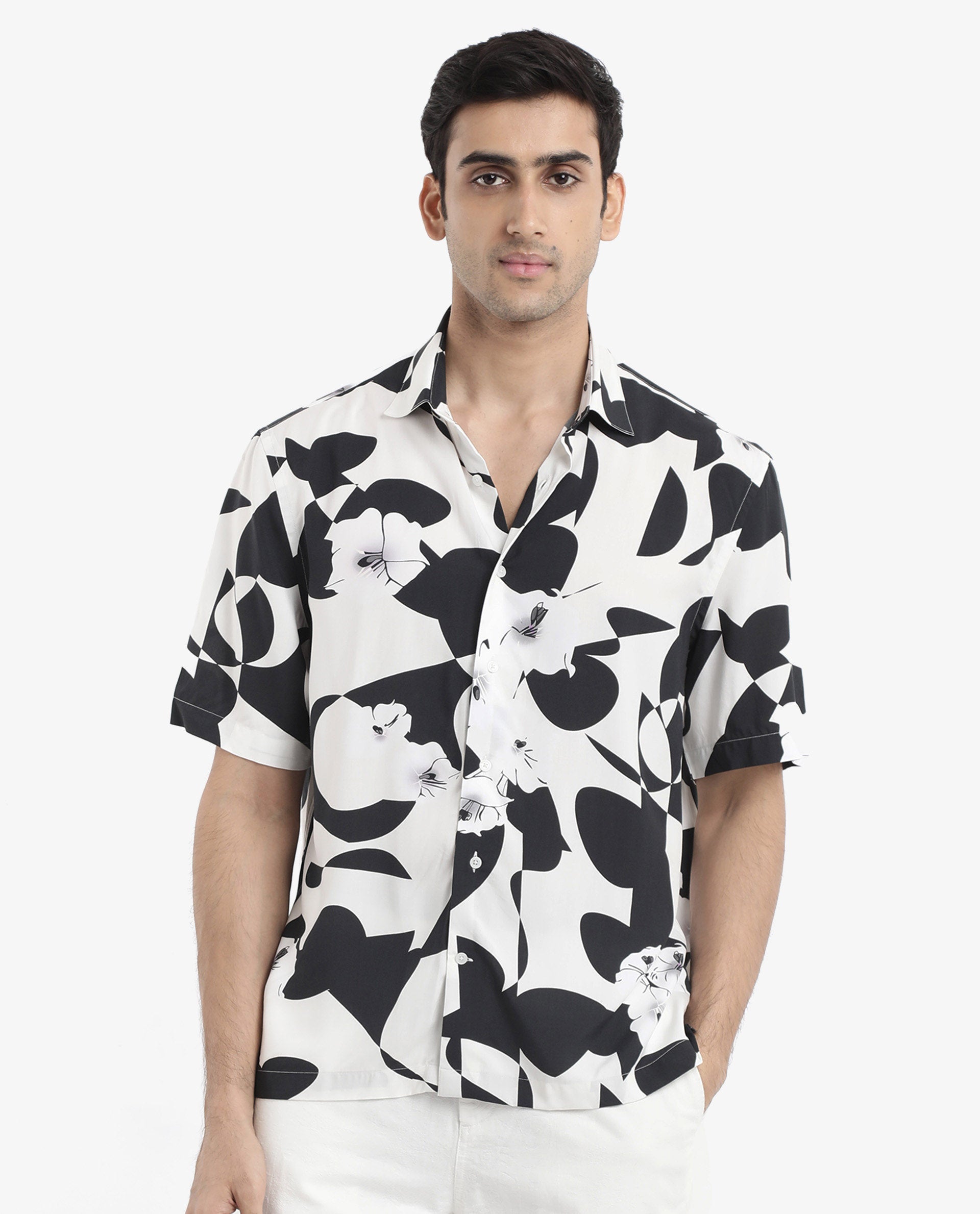 Rare Rabbit Men's Talitha White Viscose Fabric Short Sleeve Regular Collar Boxy Fit Abstract Print Shirt