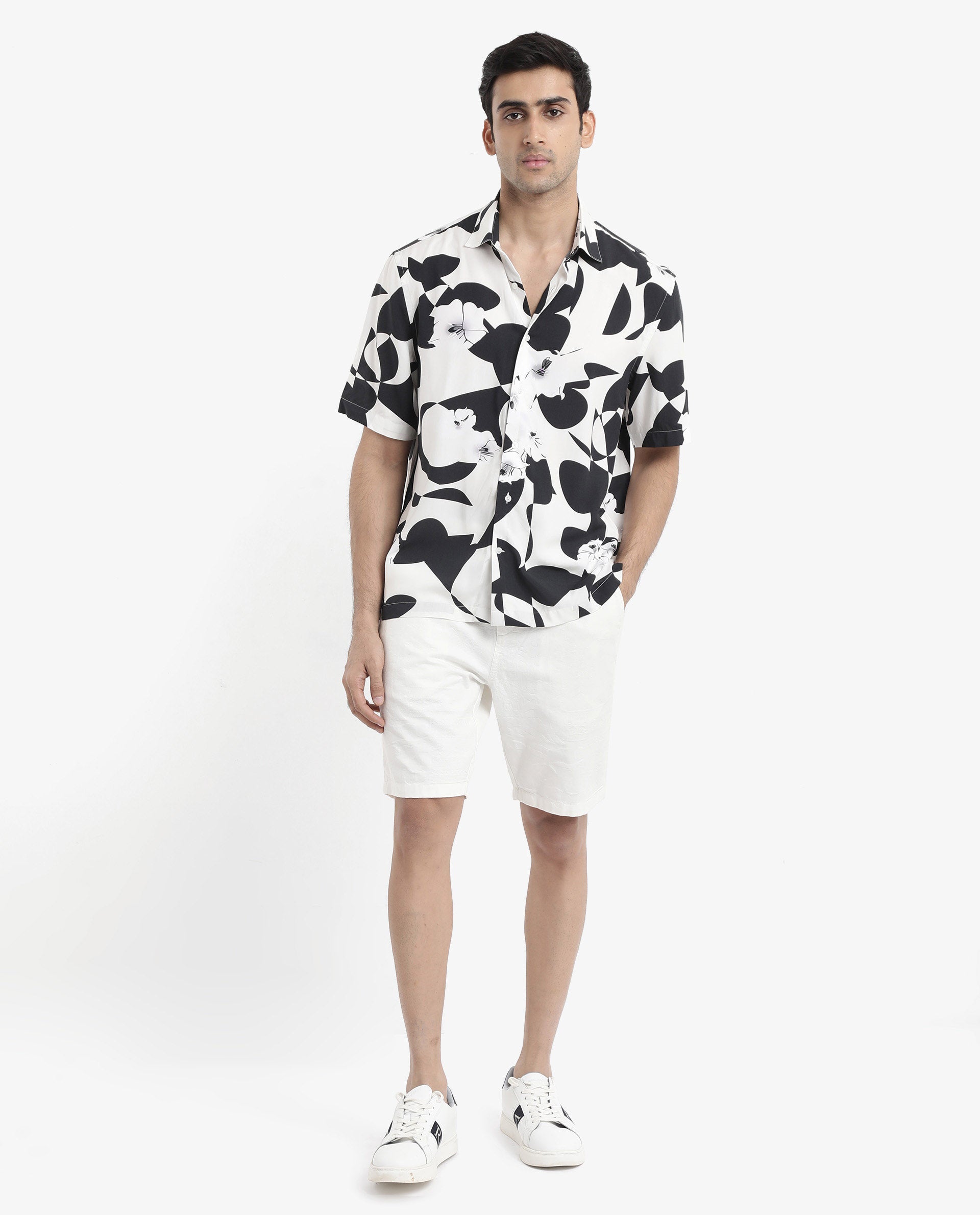 Rare Rabbit Men's Talitha White Viscose Fabric Short Sleeve Regular Collar Boxy Fit Abstract Print Shirt