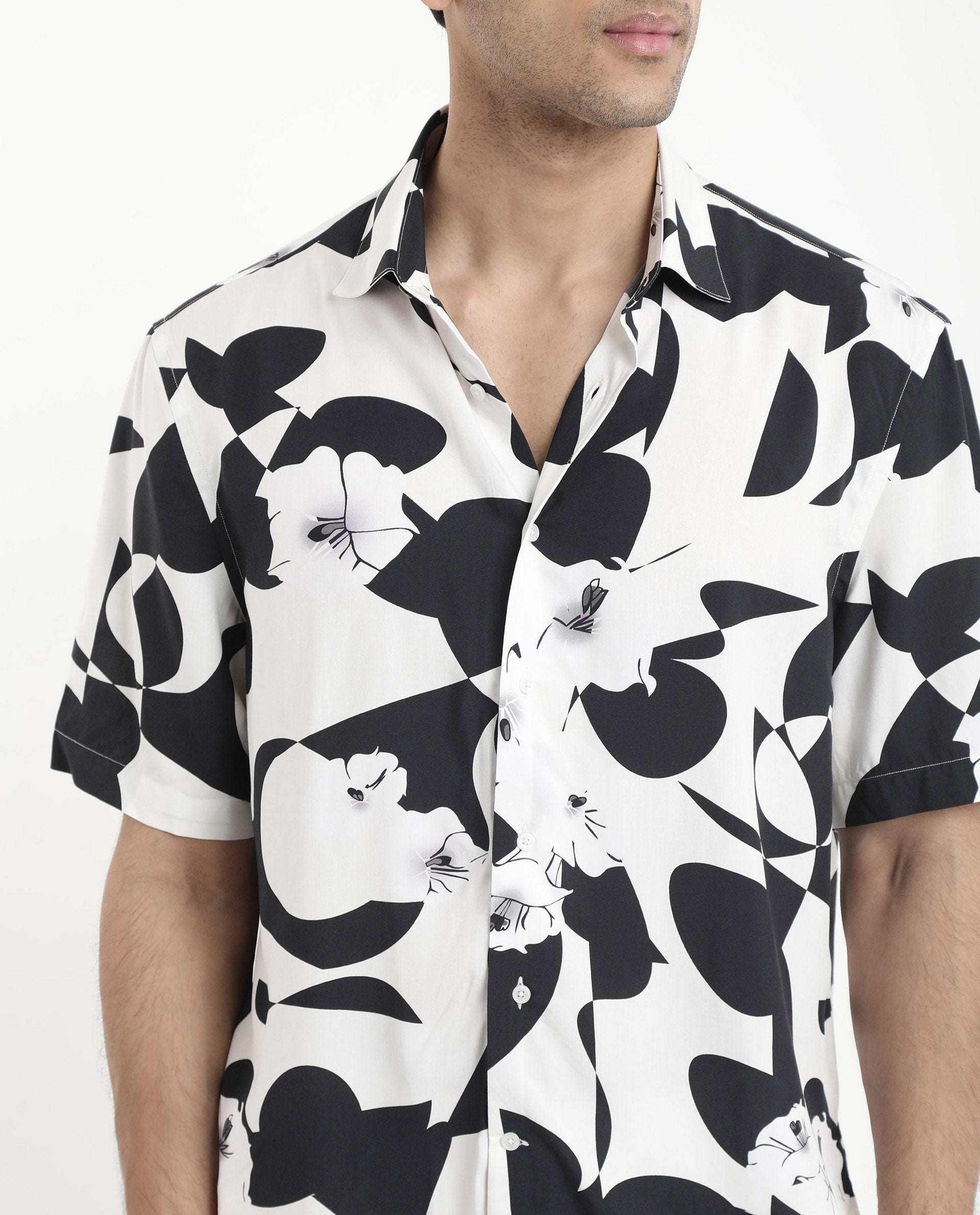 Rare Rabbit Men's Talitha White Viscose Fabric Short Sleeve Regular Collar Boxy Fit Abstract Print Shirt