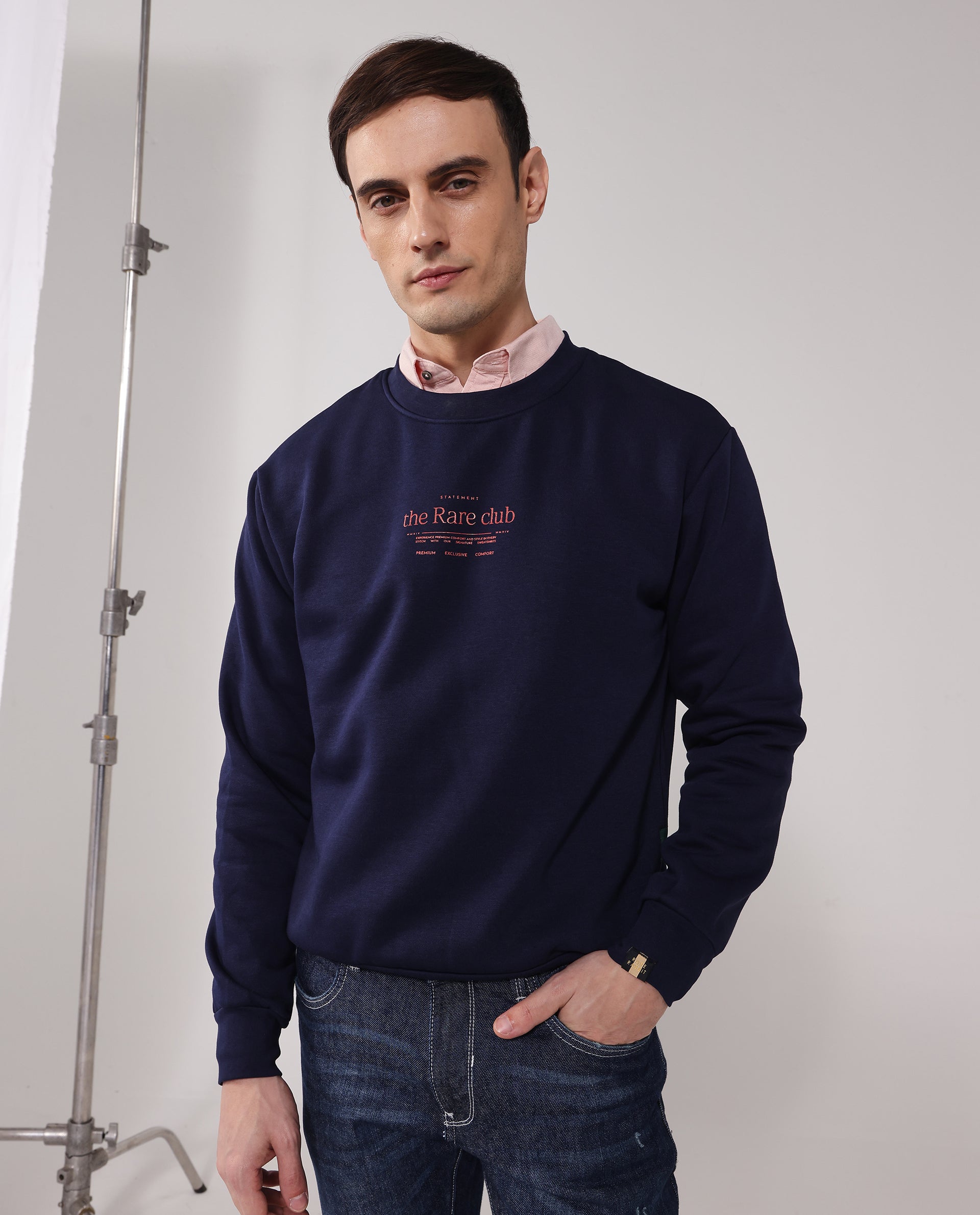 Rare Rabbit Men Tamar Navy Cotton Polyester Fabric Full Sleeve Crew Neck Regular Fit Graphic Typography Print Sweatshirt