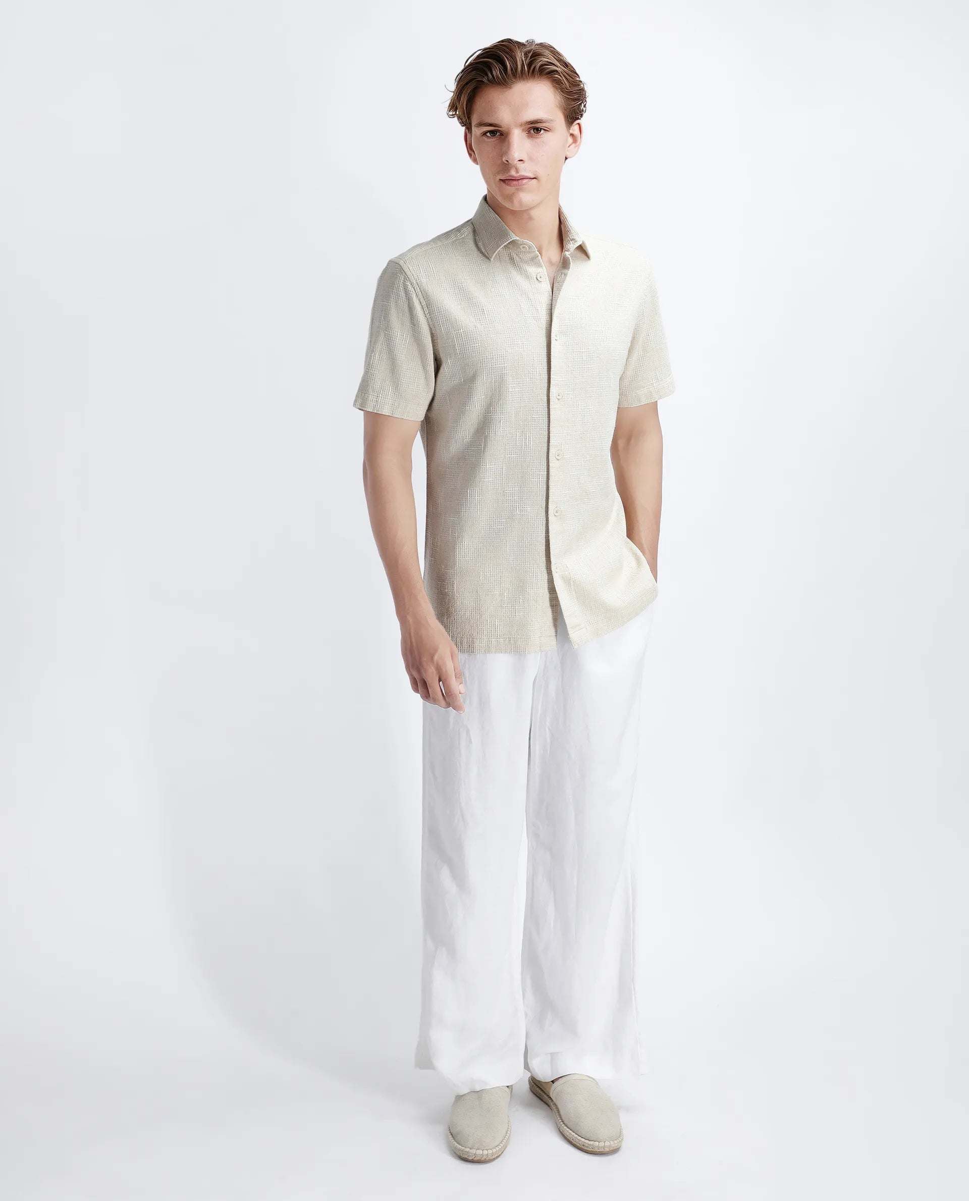 Rare Rabbit Men's Tana Beige Cotton Textured Regular Fit Half Sleeve Collared Shirt