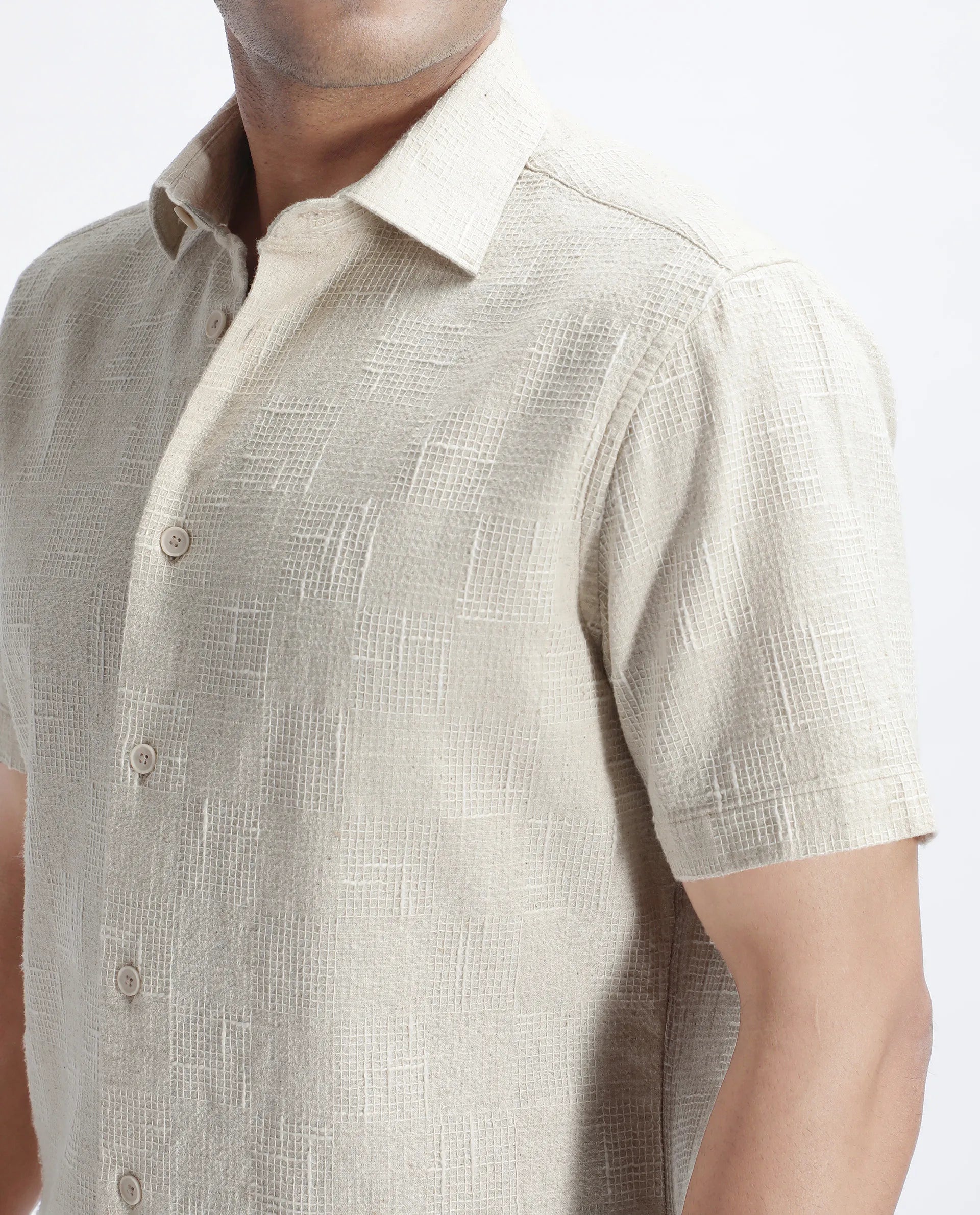 Rare Rabbit Men's Tana Beige Cotton Textured Regular Fit Half Sleeve Collared Shirt