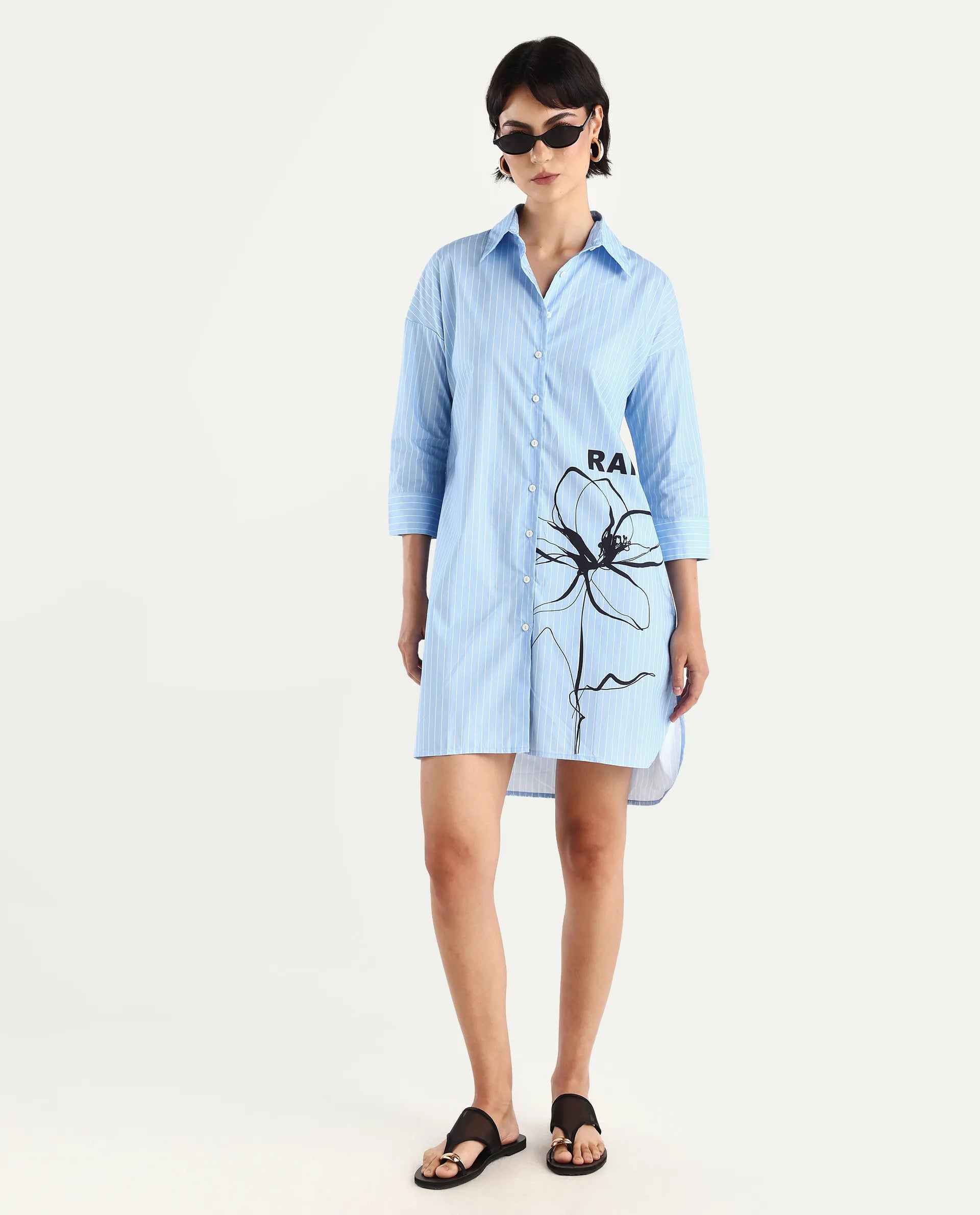 Rareism Women's Tanashi Blue Cotton Spread Collar Floral Print Cuffed Sleeve Mini Relaxed Fit Top