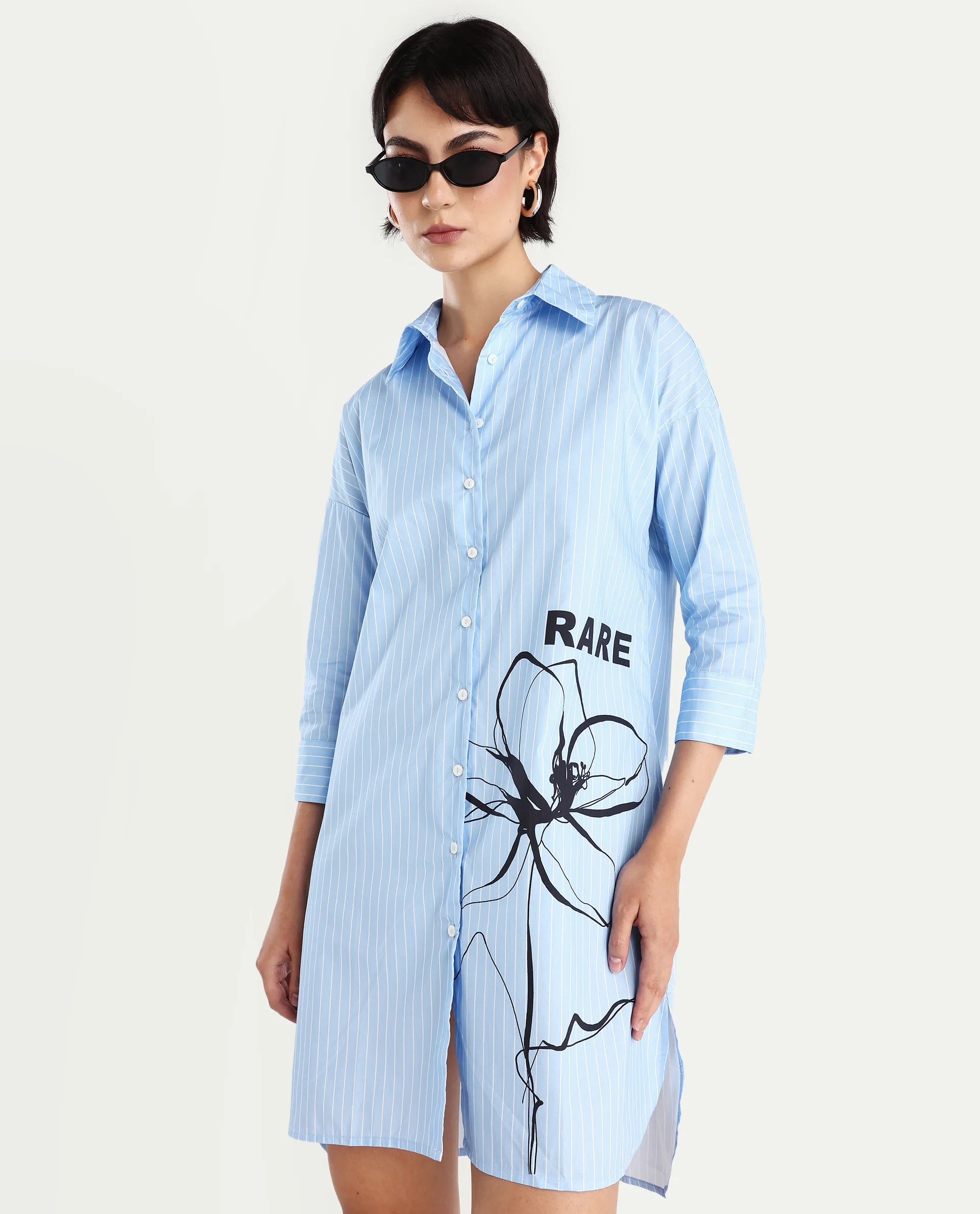 Rareism Women's Tanashi Blue Cotton Spread Collar Floral Print Cuffed Sleeve Mini Relaxed Fit Top