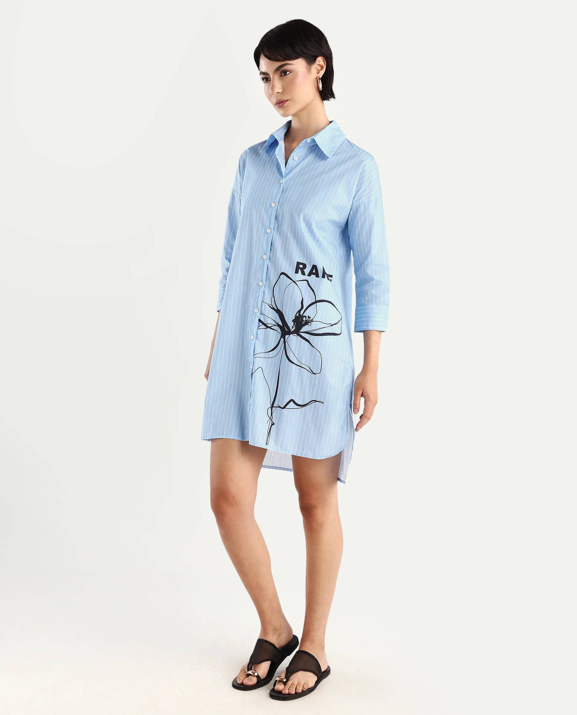 Rareism Women's Tanashi Blue Cotton Spread Collar Floral Print Cuffed Sleeve Mini Relaxed Fit Top