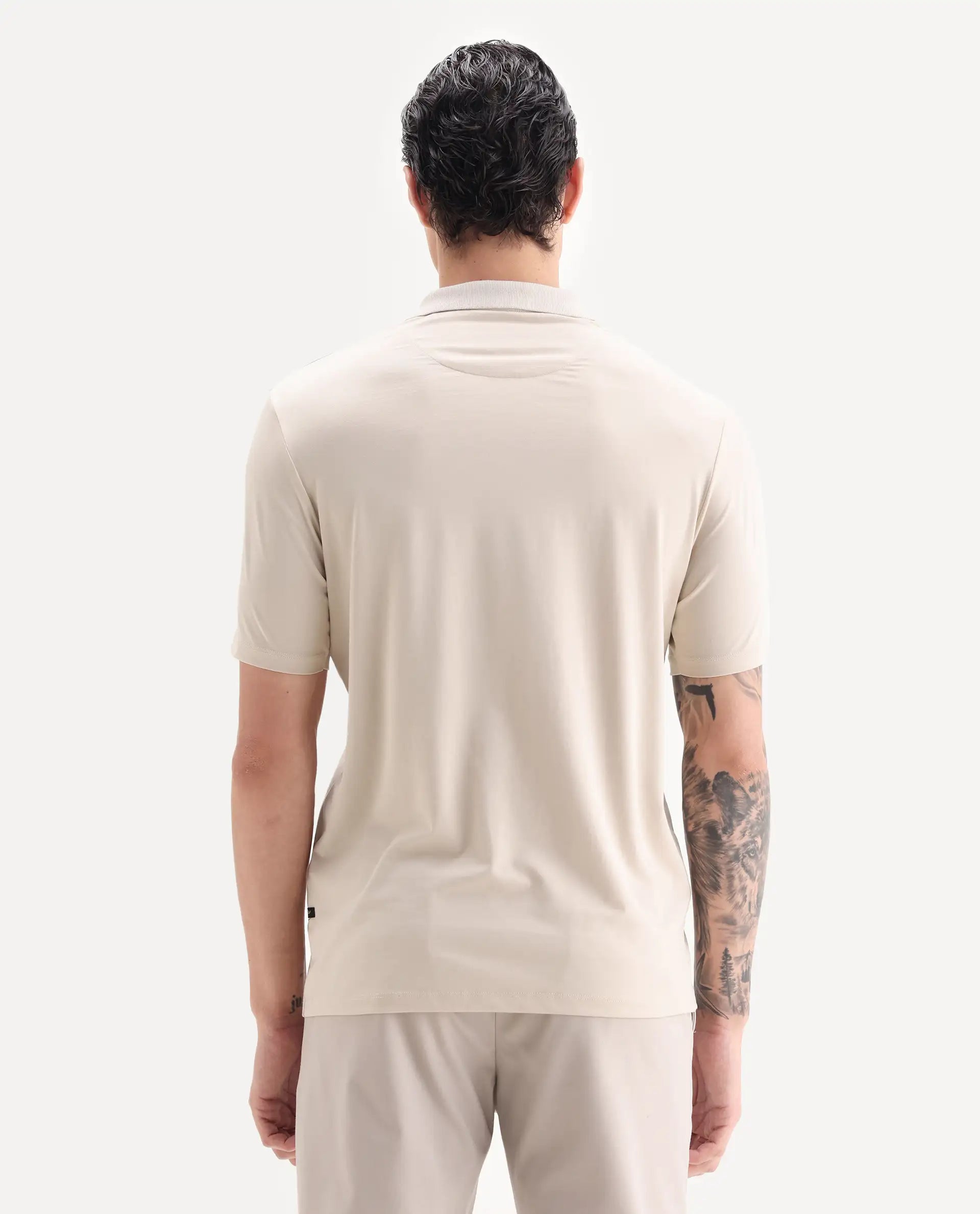Rare Rabbit Men's Tang-1 Beige Cotton Plain Regular Fit Half Sleeve Polo