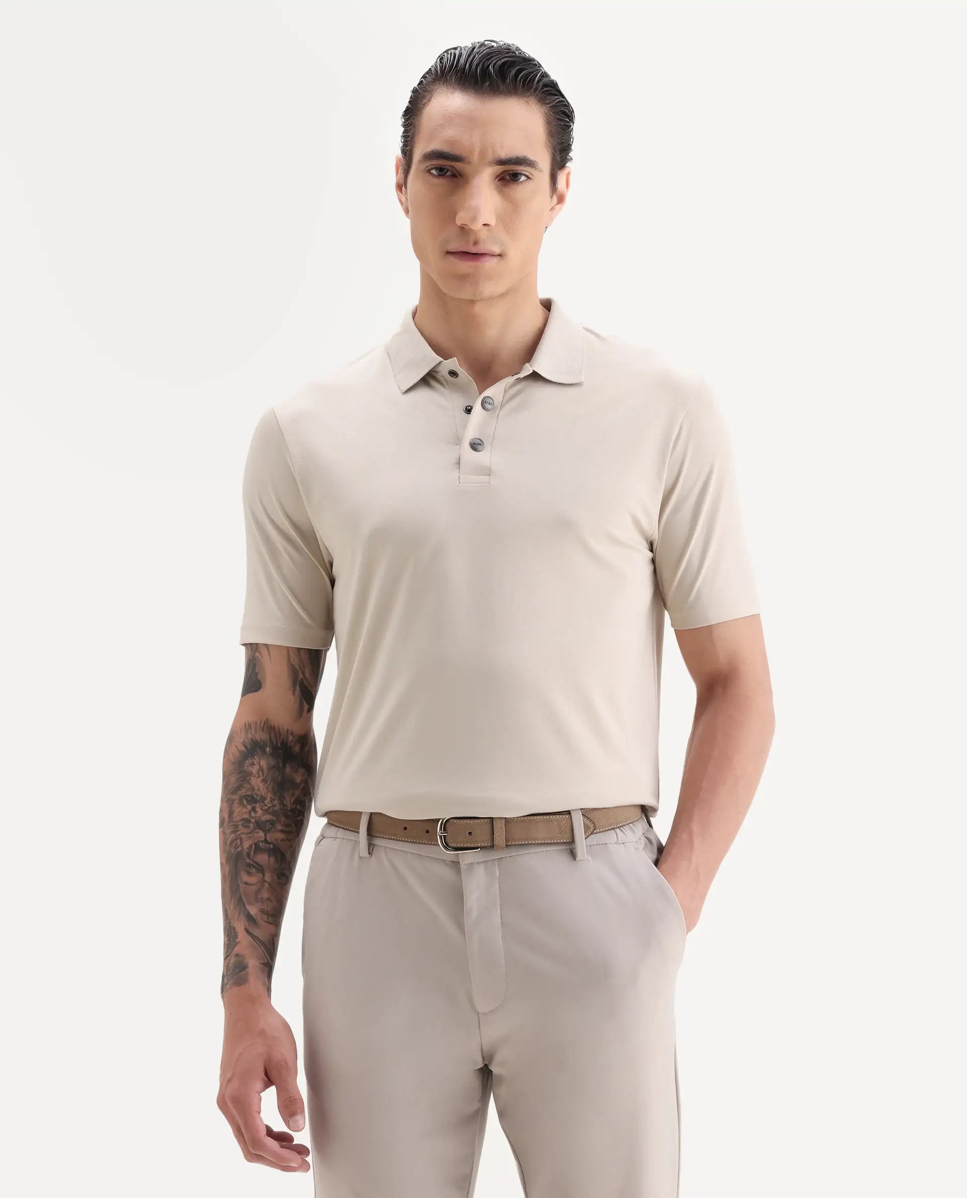 Rare Rabbit Men's Tang-1 Beige Cotton Plain Regular Fit Half Sleeve Polo