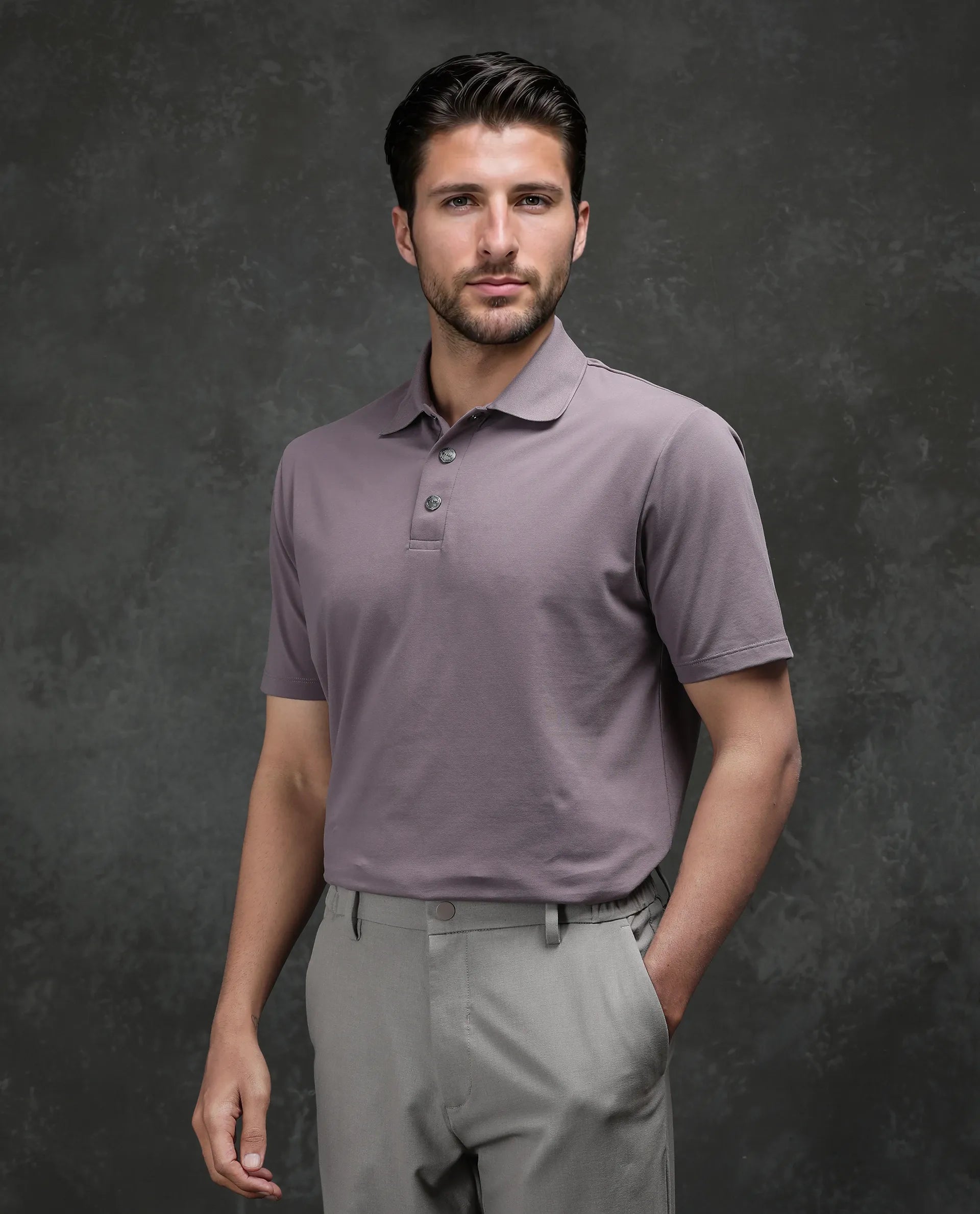 Rare Rabbit Men's Tang-25 Dusky Pink Cotton Blend Fabric Half Sleeve Spread Collar Regular Fit Plain Polo