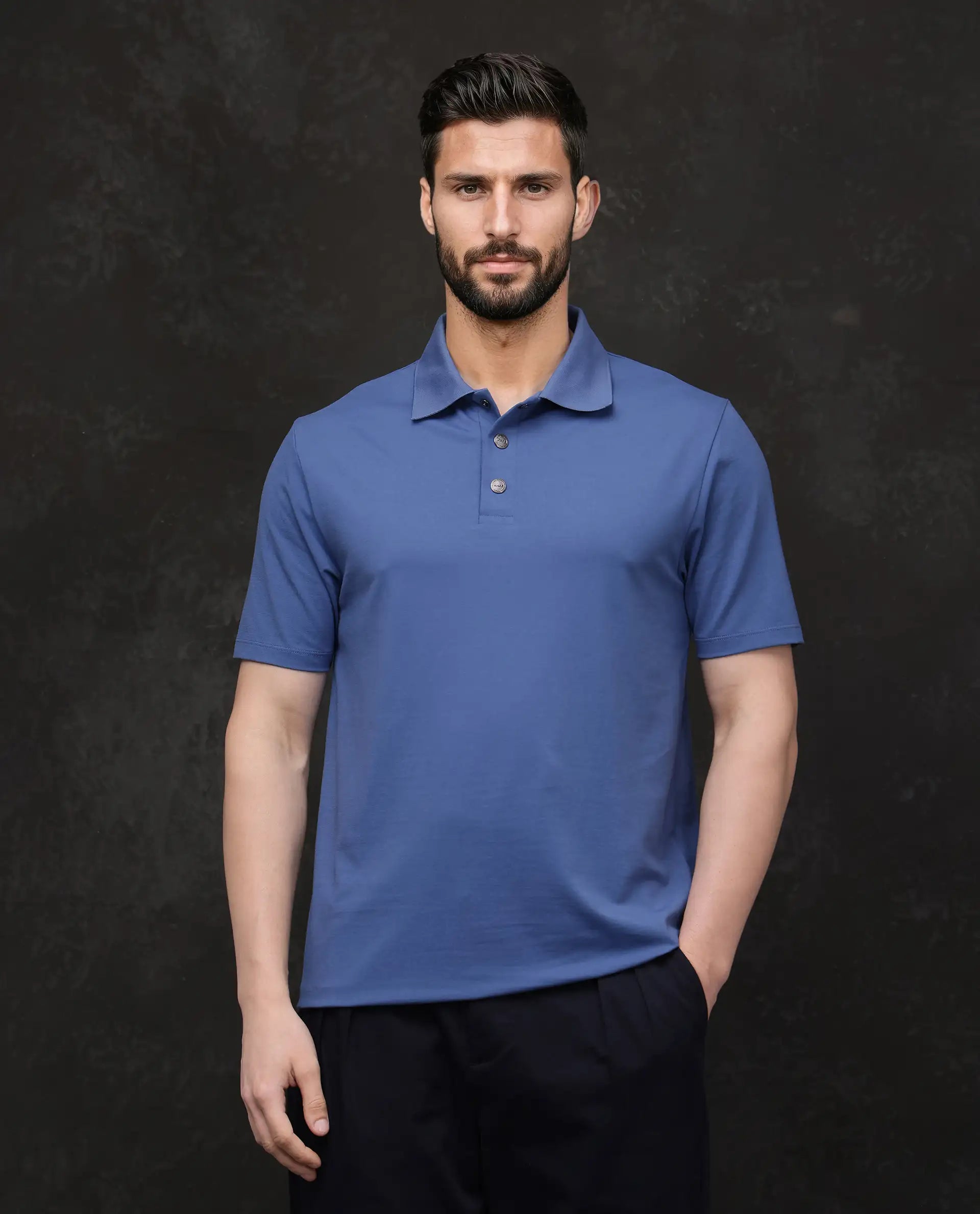 Rare Rabbit Men's Tang-25 Dusky Blue Cotton Blend Fabric Half Sleeve Spread Collar Regular Fit Plain Polo