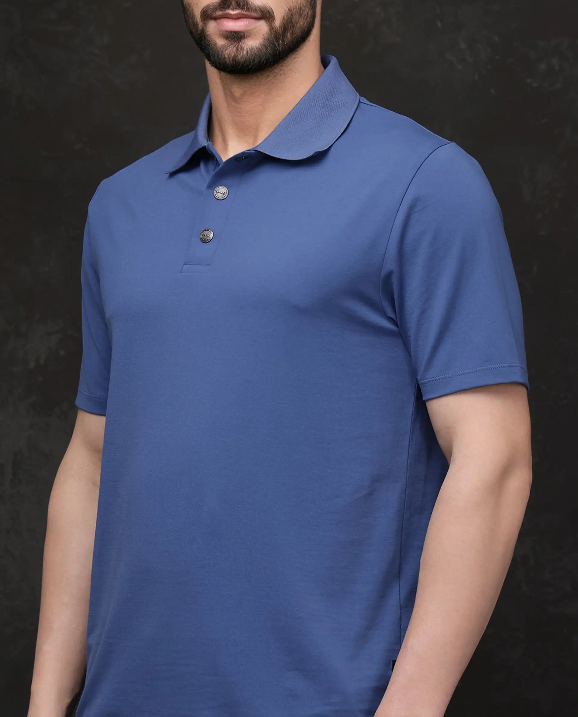 Rare Rabbit Men's Tang-25 Dusky Blue Cotton Blend Fabric Half Sleeve Spread Collar Regular Fit Plain Polo