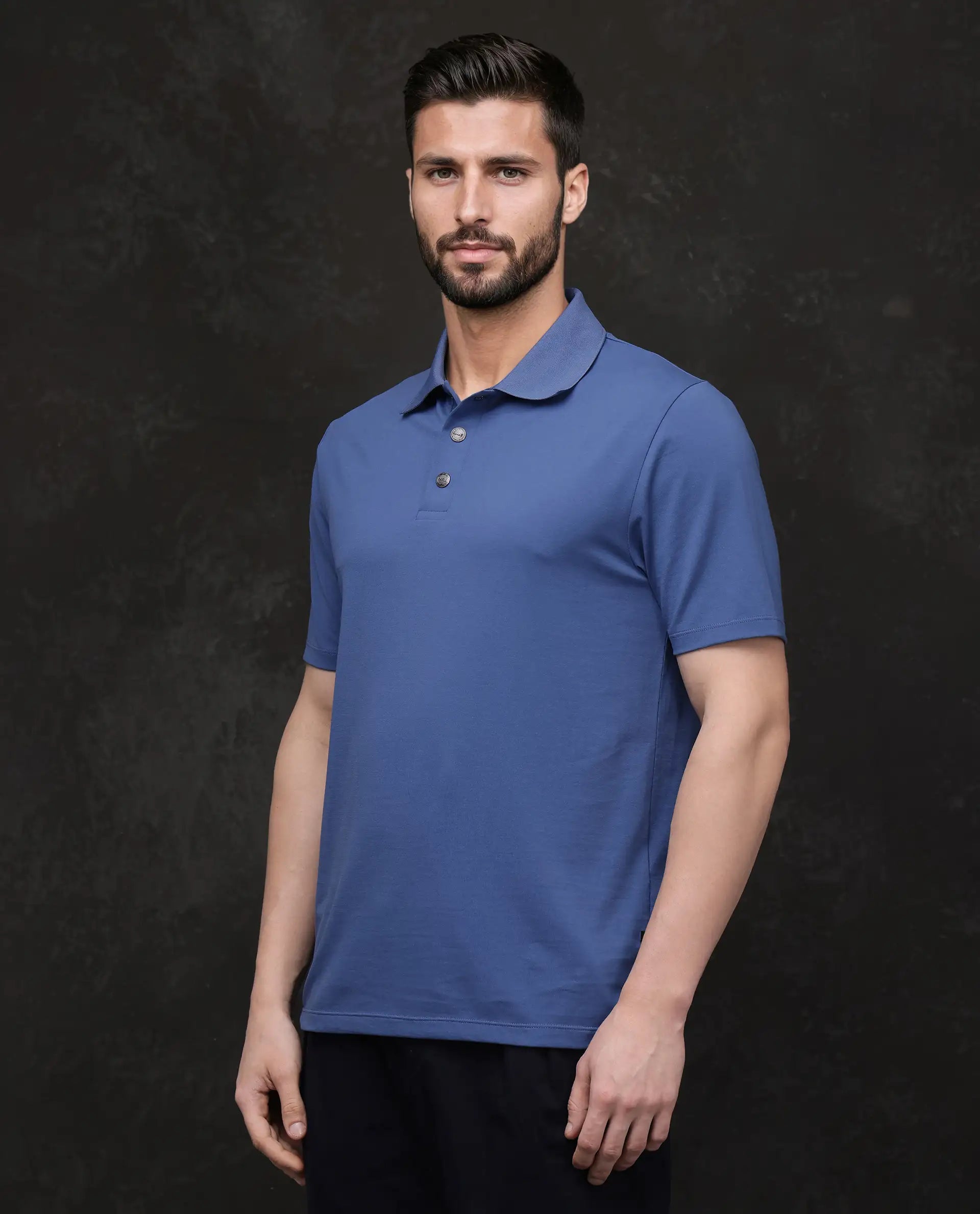 Rare Rabbit Men's Tang-25 Dusky Blue Cotton Blend Fabric Half Sleeve Spread Collar Regular Fit Plain Polo