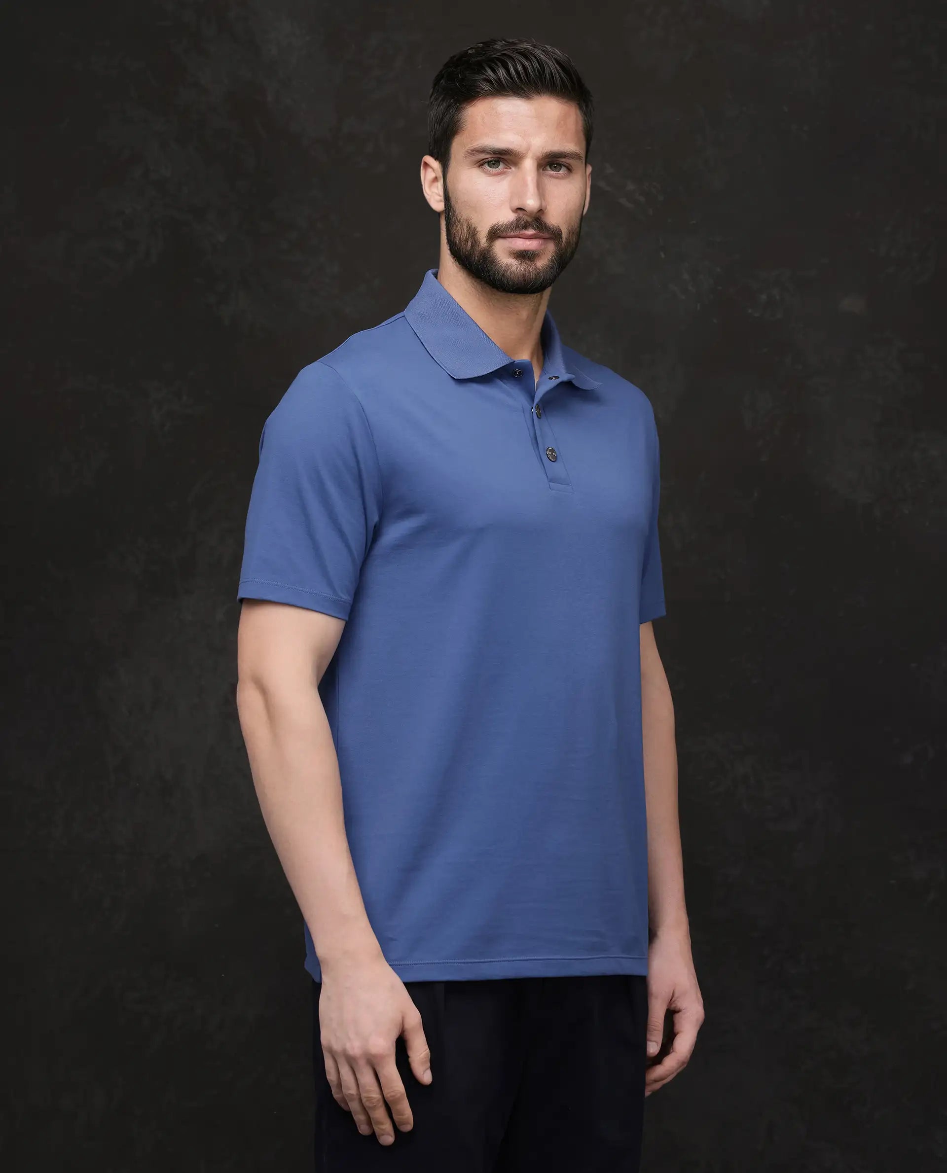 Rare Rabbit Men's Tang-25 Dusky Blue Cotton Blend Fabric Half Sleeve Spread Collar Regular Fit Plain Polo