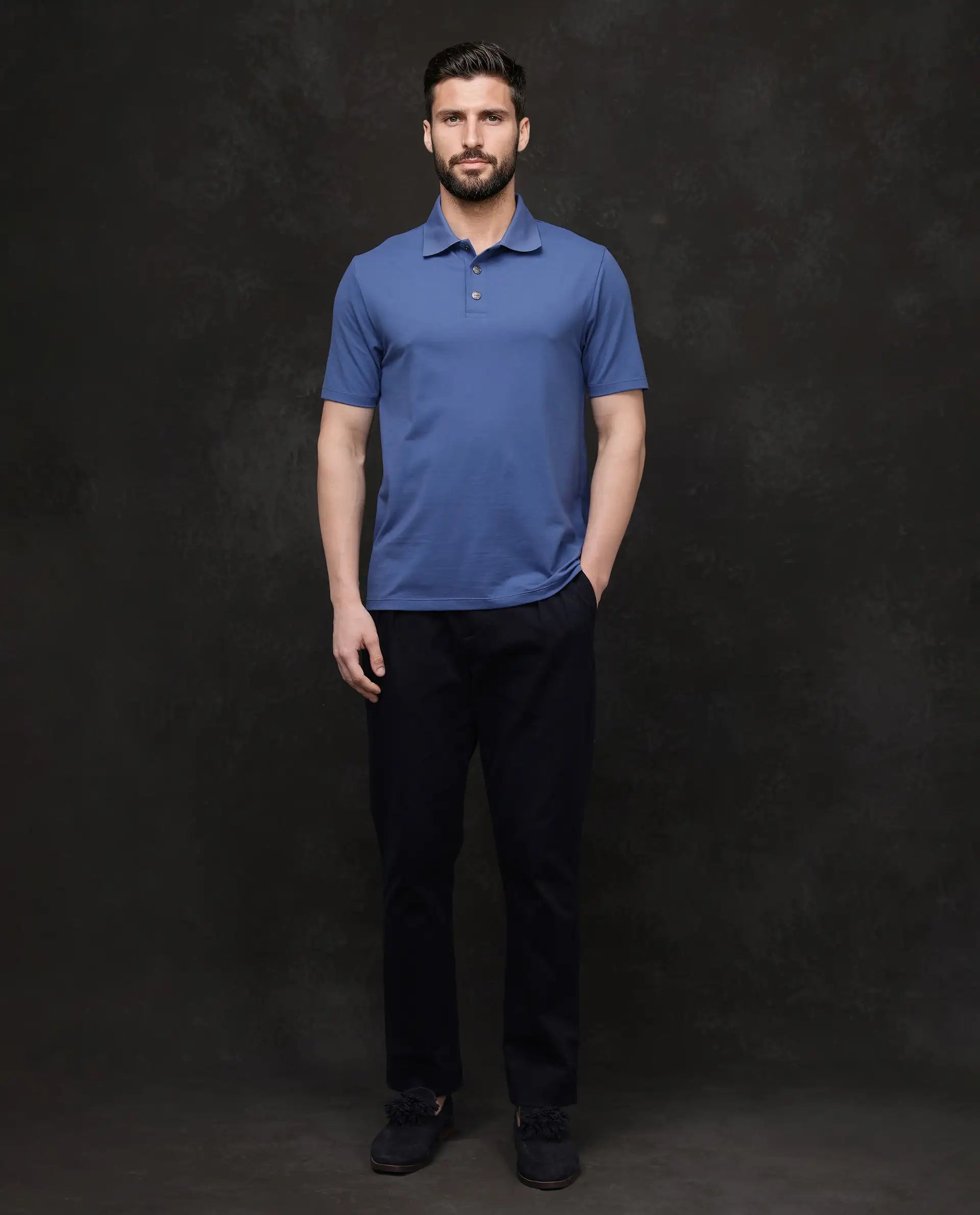 Rare Rabbit Men's Tang-25 Dusky Blue Cotton Blend Fabric Half Sleeve Spread Collar Regular Fit Plain Polo