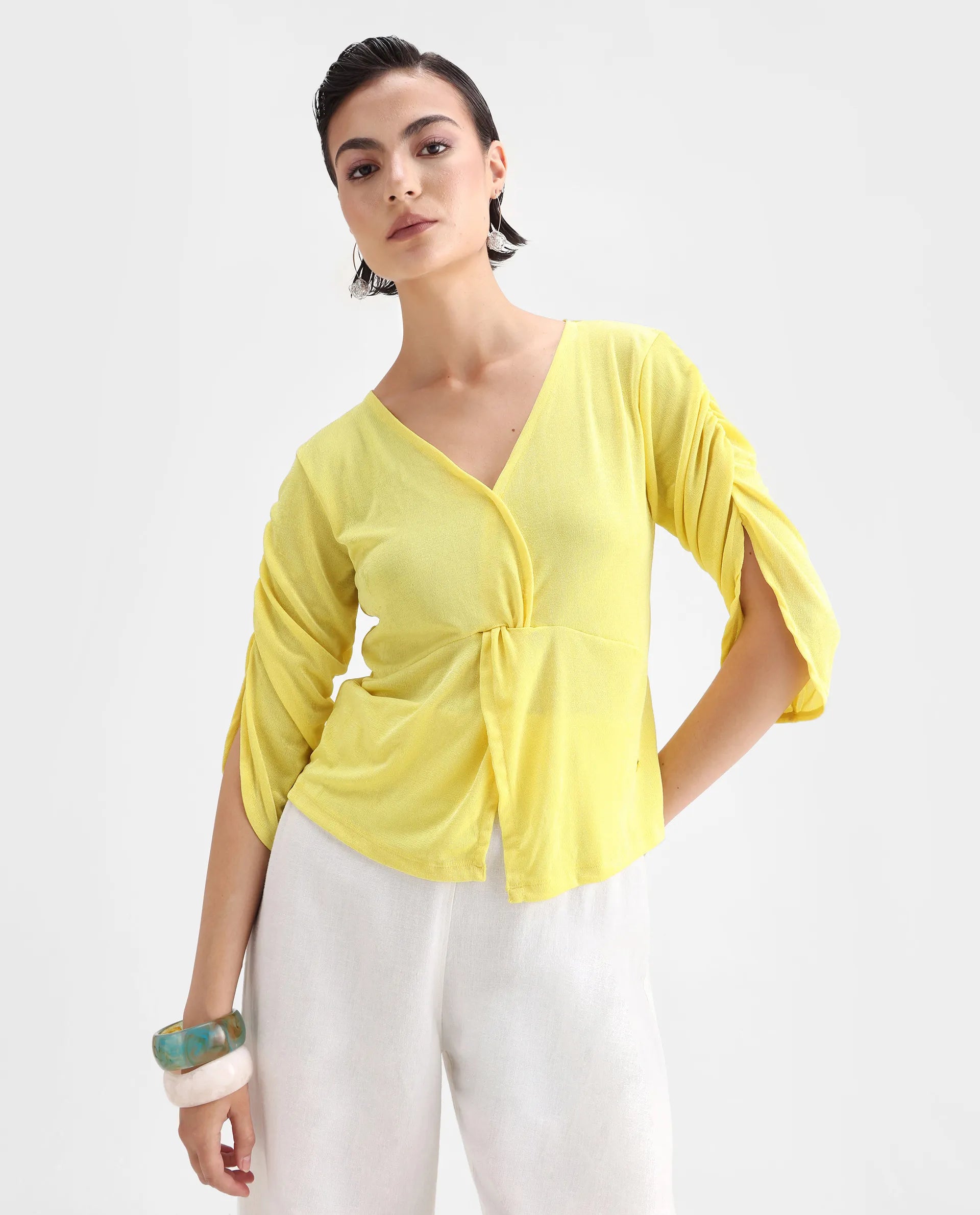 Rareism Women's Tangiren Yellow Polyester V-Neck Plain Gathered Sleeve Regular Fit Top