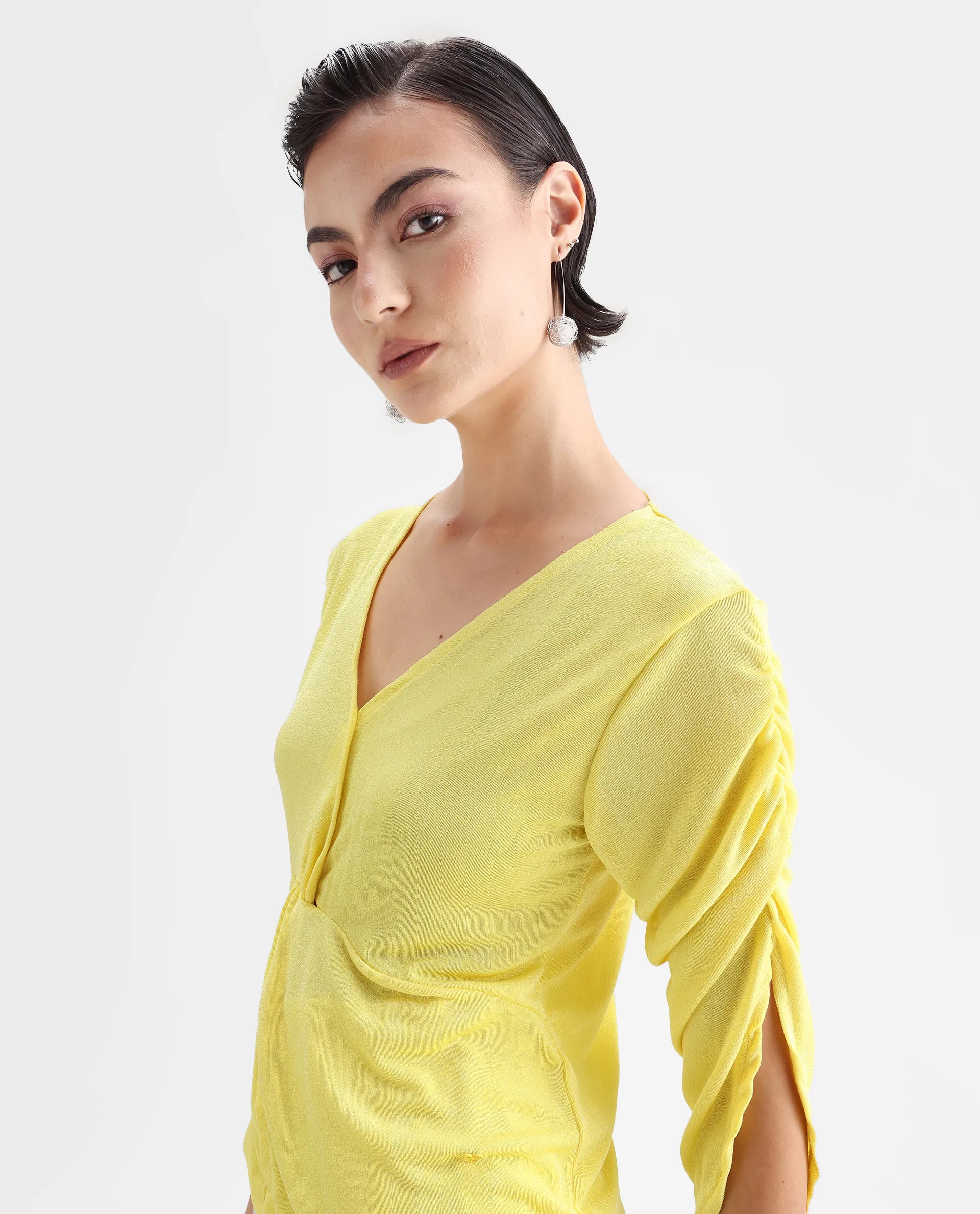 Rareism Women's Tangiren Yellow Polyester V-Neck Plain Gathered Sleeve Regular Fit Top