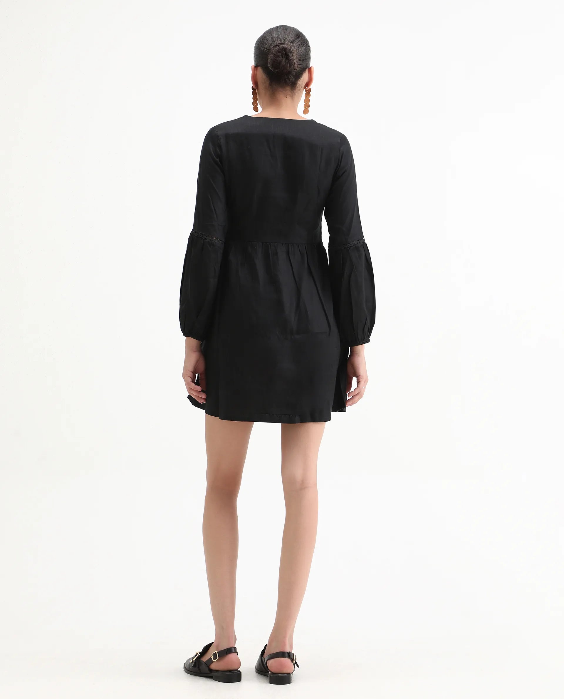 Rareism Women's Tanner Black Cotton Blend V-Neck Plain Puff Sleeves Mini Regular Fit Dress