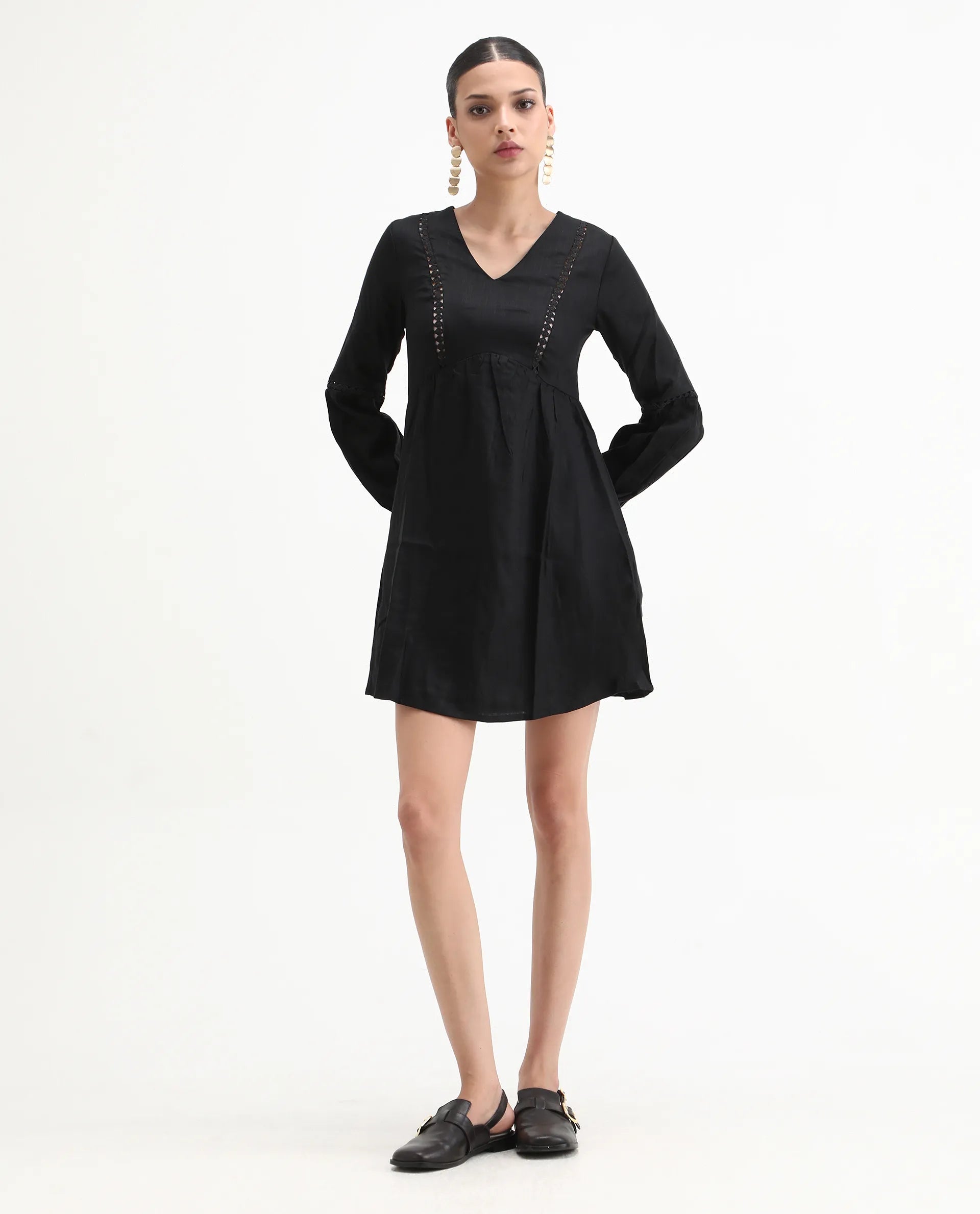 Rareism Women's Tanner Black Cotton Blend V-Neck Plain Puff Sleeves Mini Regular Fit Dress