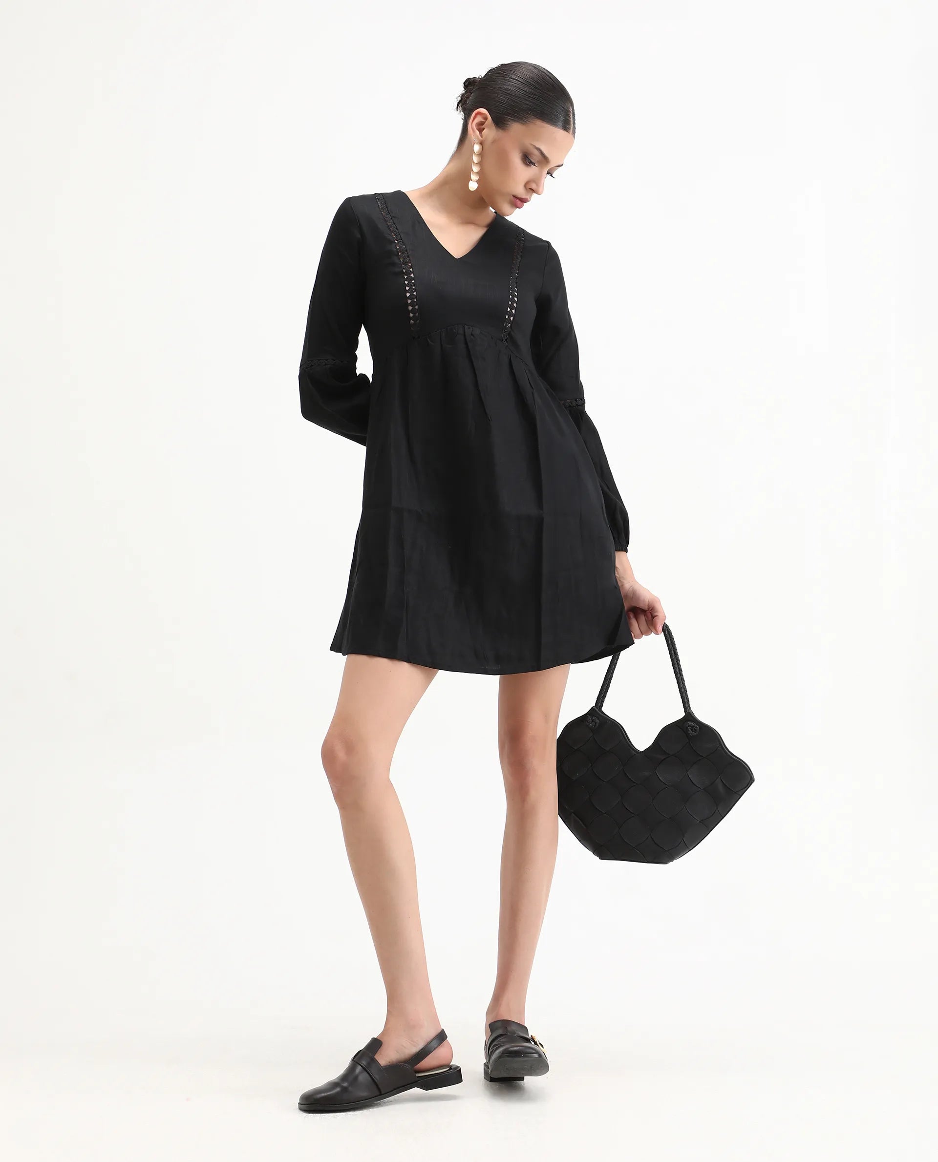 Rareism Women's Tanner Black Cotton Blend V-Neck Plain Puff Sleeves Mini Regular Fit Dress
