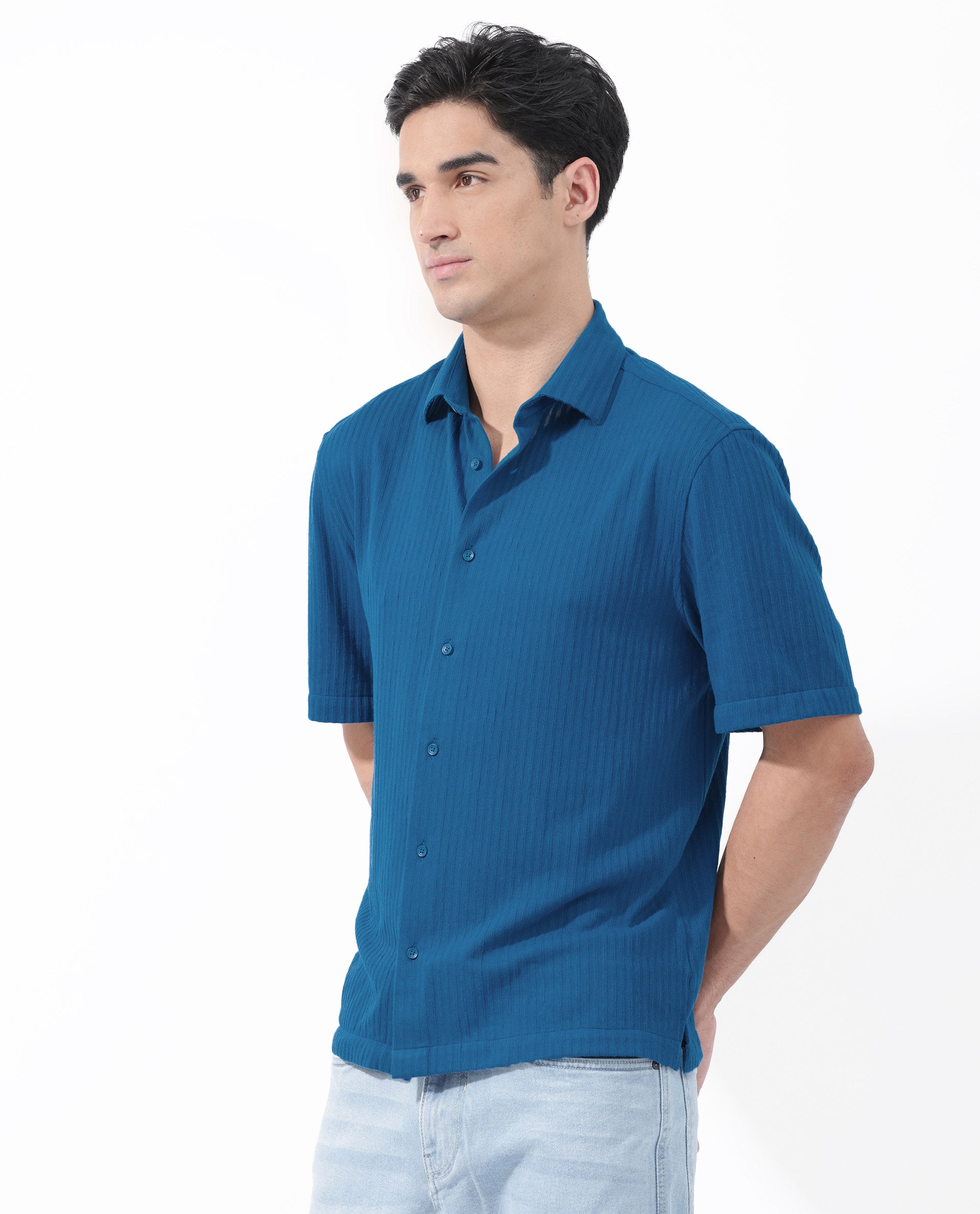 Rare Rabbit Men's Tano Blue Cotton Polyester Fabric Half Sleeves Boxy Fit Self Stripe Textured Knit Shirt