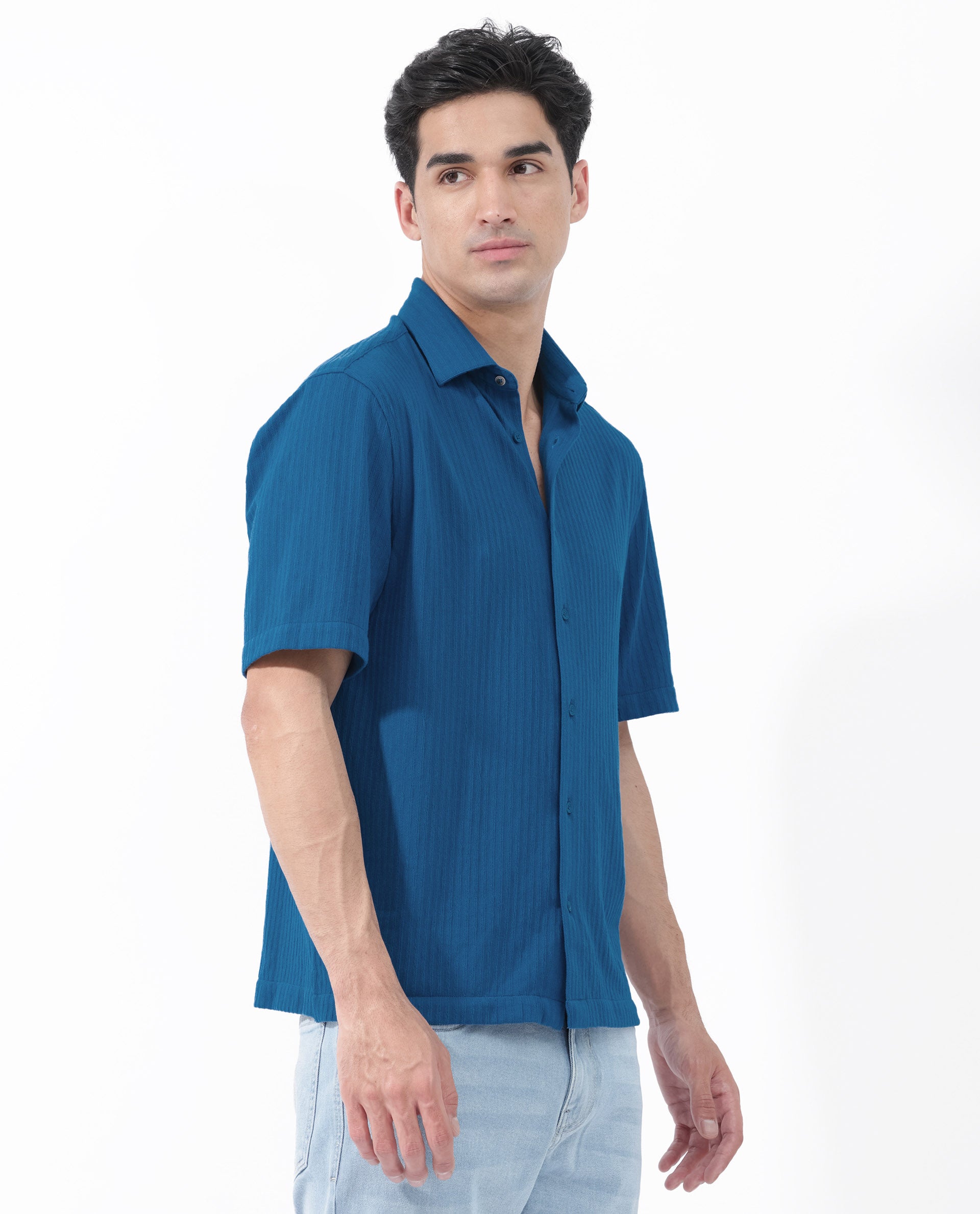 Rare Rabbit Men's Tano Blue Cotton Polyester Fabric Half Sleeves Boxy Fit Self Stripe Textured Knit Shirt