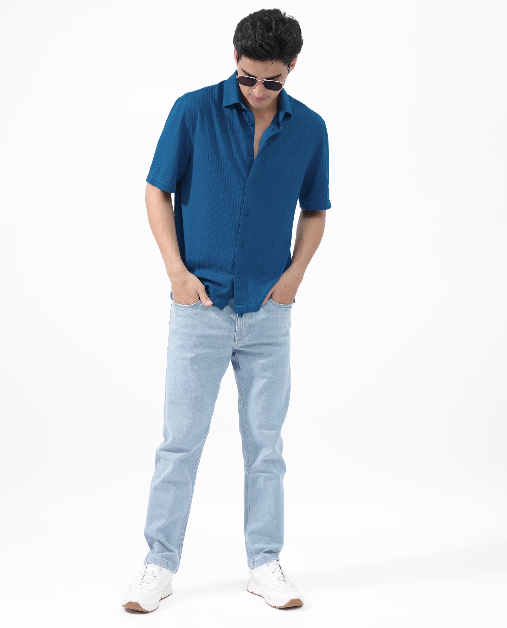 Rare Rabbit Men's Tano Blue Cotton Polyester Fabric Half Sleeves Boxy Fit Self Stripe Textured Knit Shirt