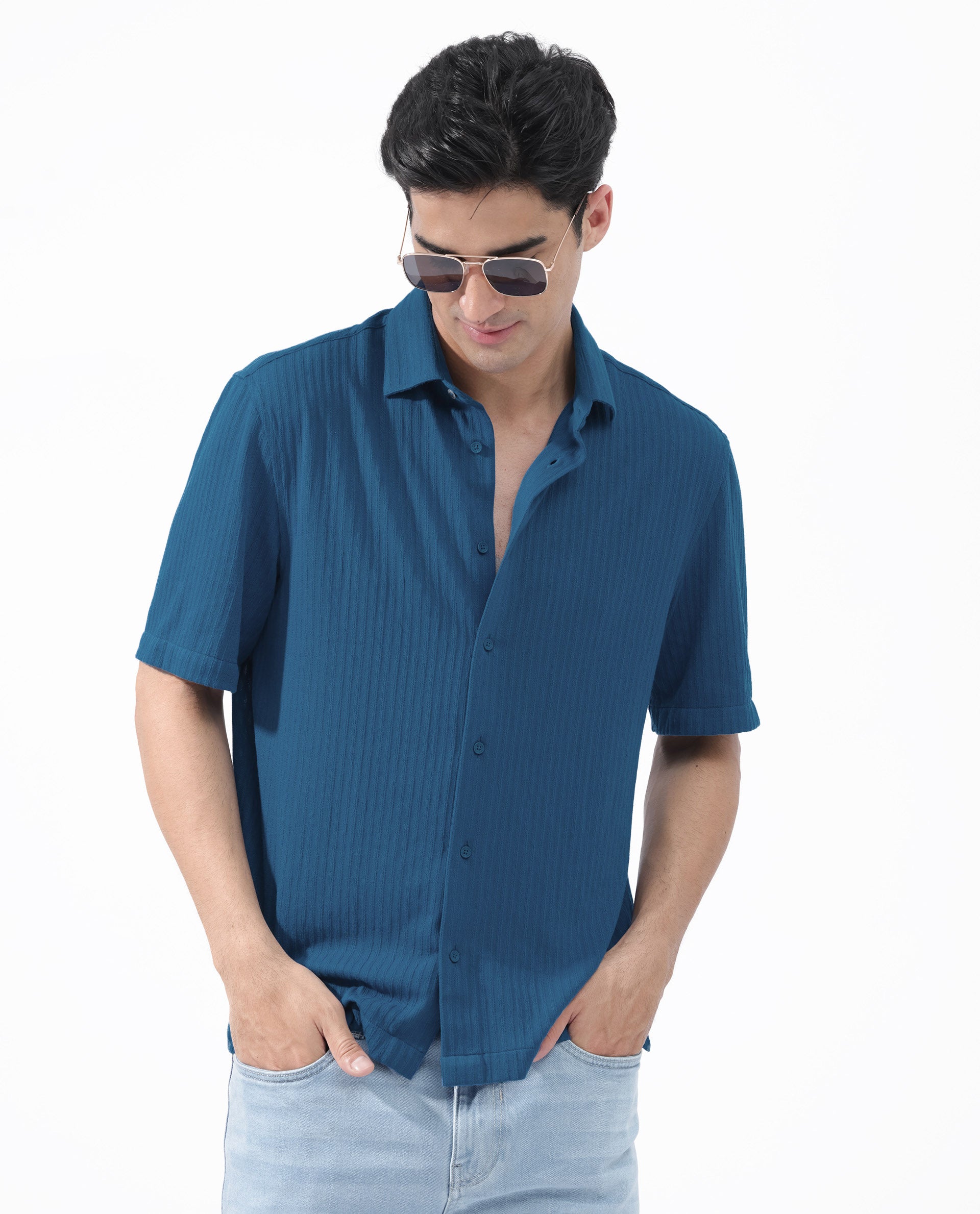 Rare Rabbit Men's Tano Blue Cotton Polyester Fabric Half Sleeves Boxy Fit Self Stripe Textured Knit Shirt