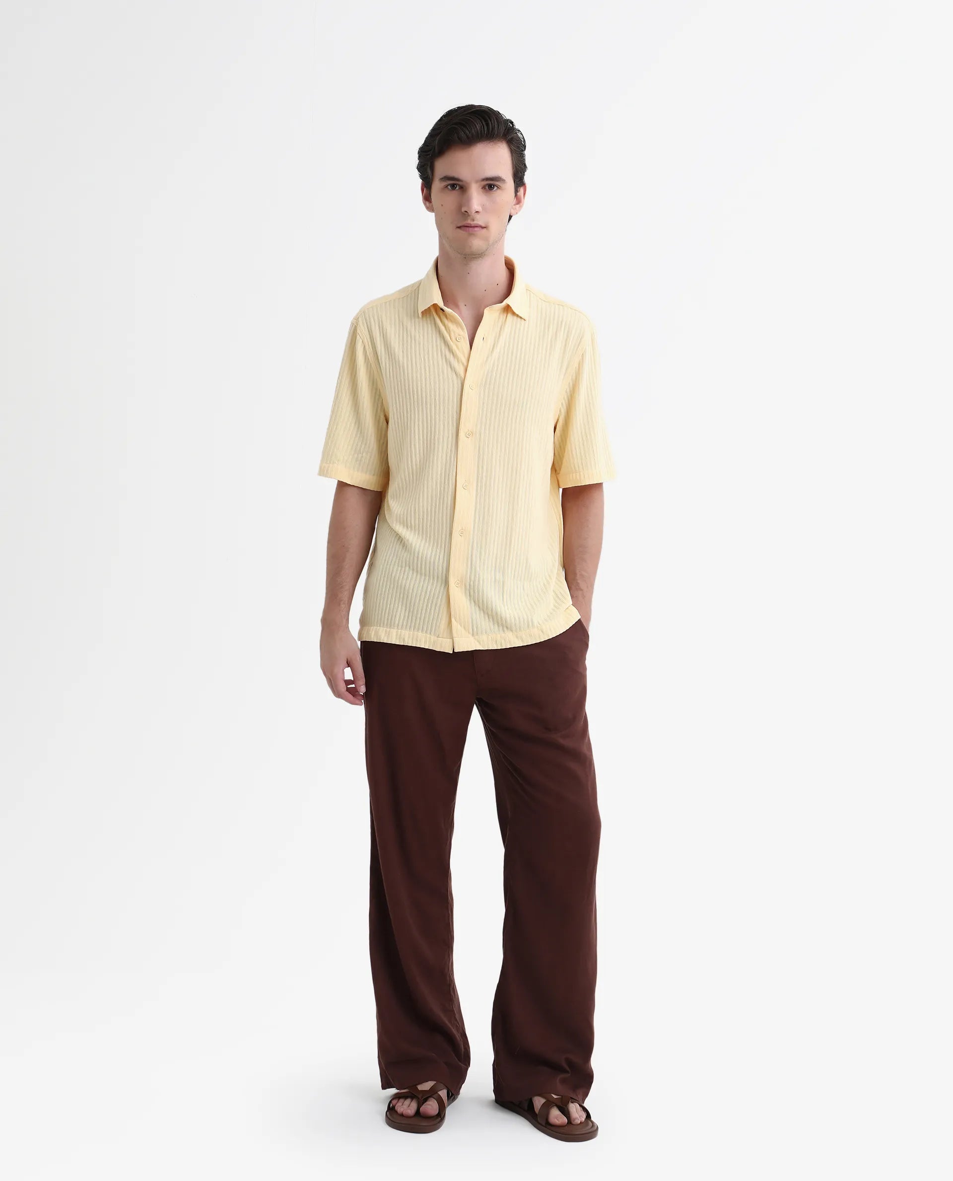Rare Rabbit Men's Tano Yellow Cotton Blend Textured Boxy Fit Half Sleeve Collared Shirt