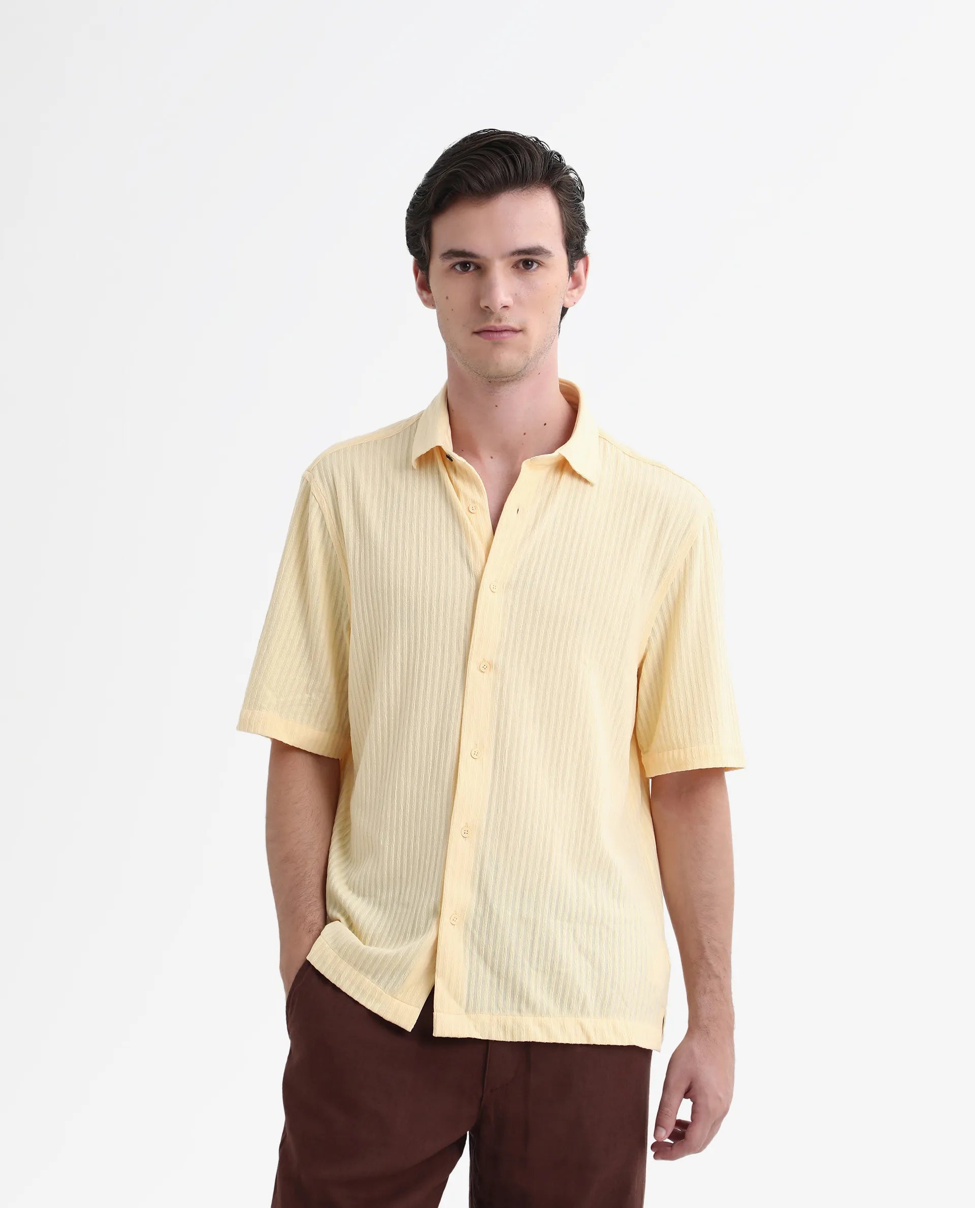 Rare Rabbit Men's Tano Yellow Cotton Blend Textured Boxy Fit Half Sleeve Collared Shirt