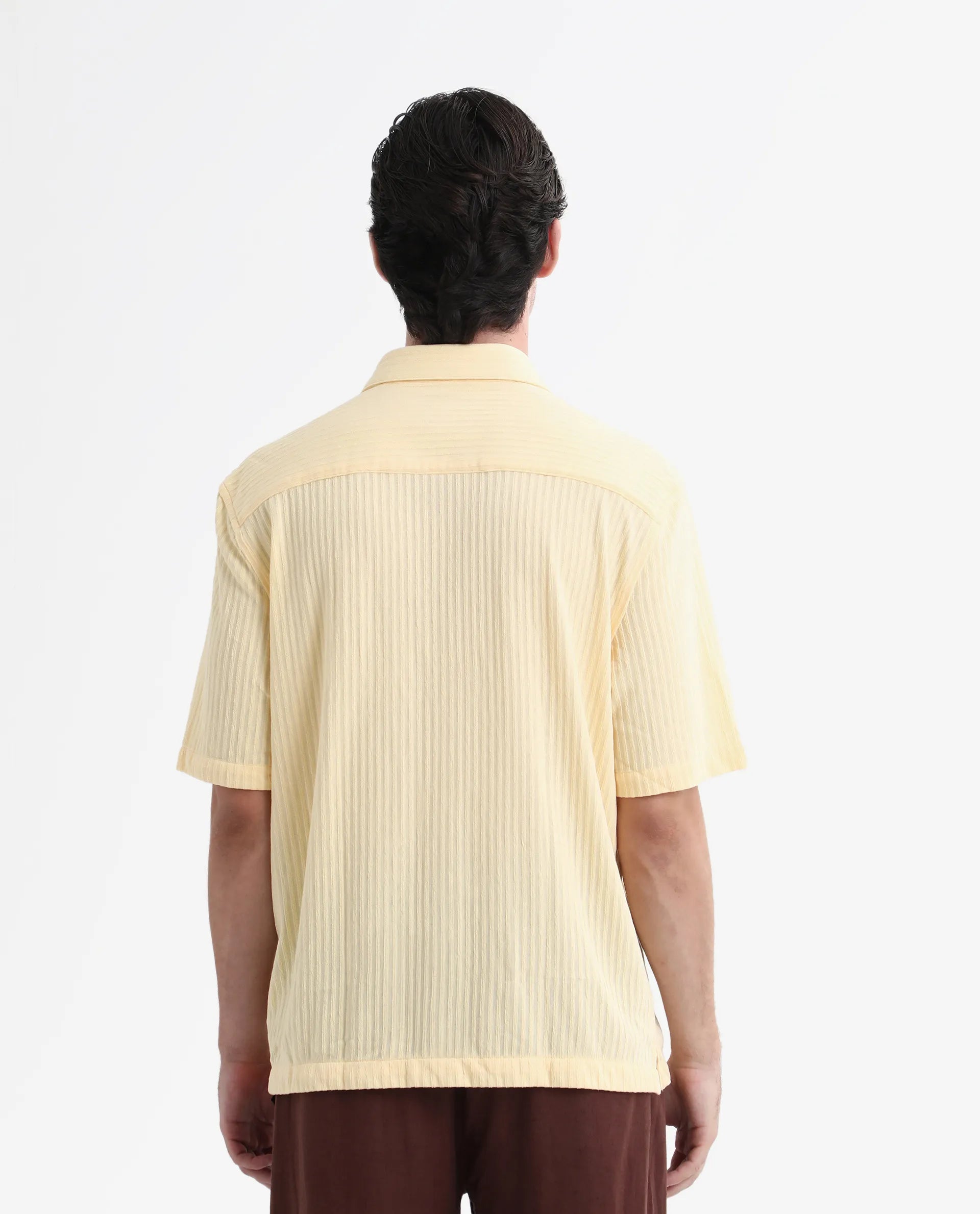 Rare Rabbit Men's Tano Yellow Cotton Blend Textured Boxy Fit Half Sleeve Collared Shirt