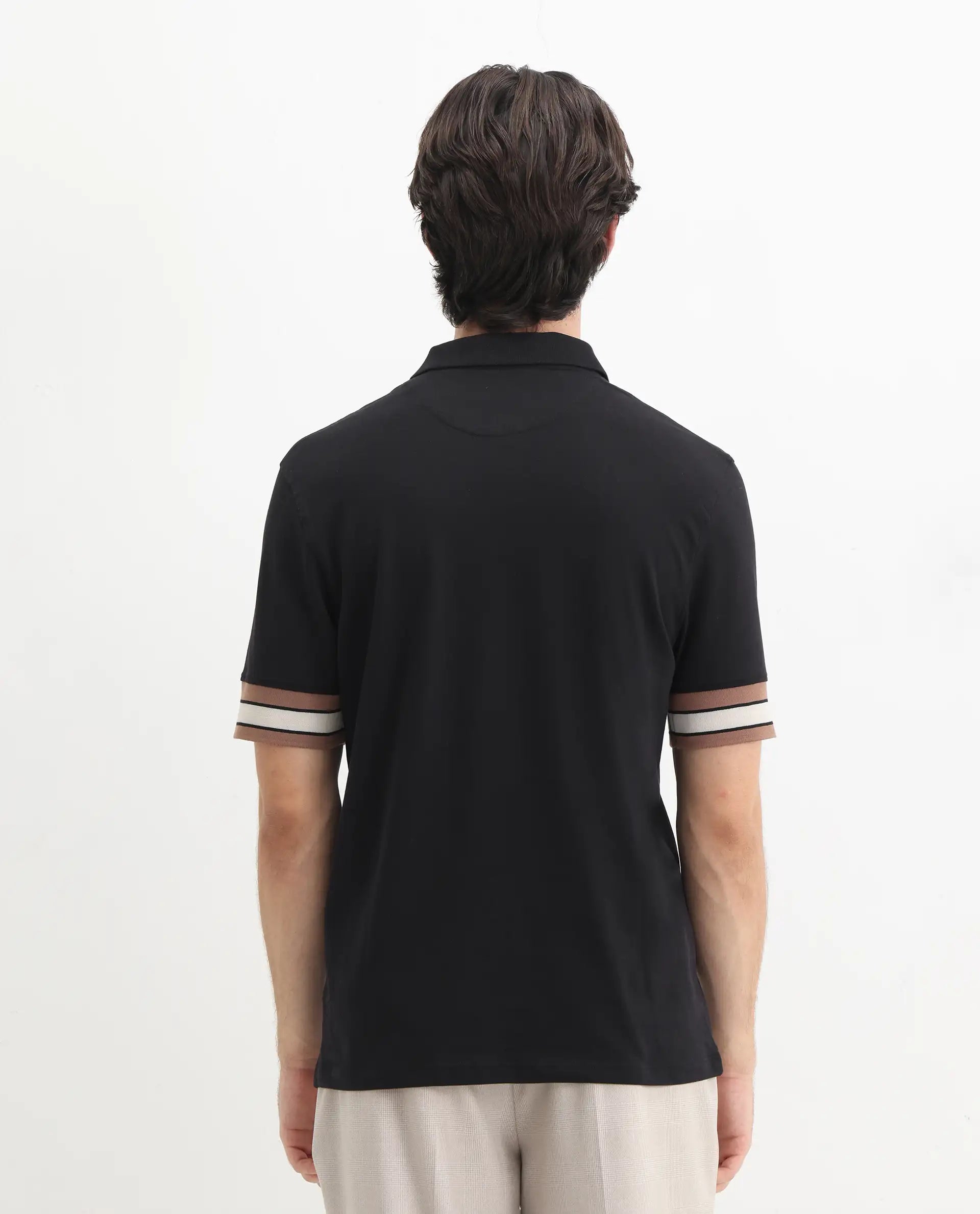 Rare Rabbit Men's Tao Black Cotton Plain Regular Fit Half Sleeve Polo