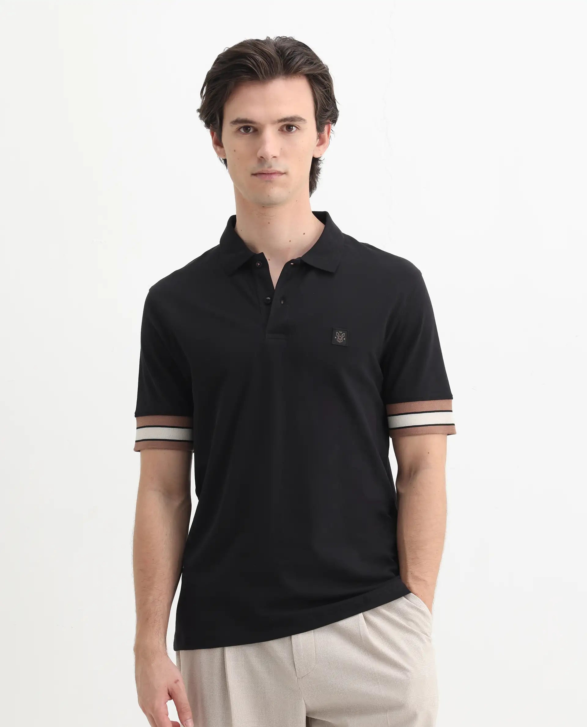 Rare Rabbit Men's Tao Black Cotton Plain Regular Fit Half Sleeve Polo