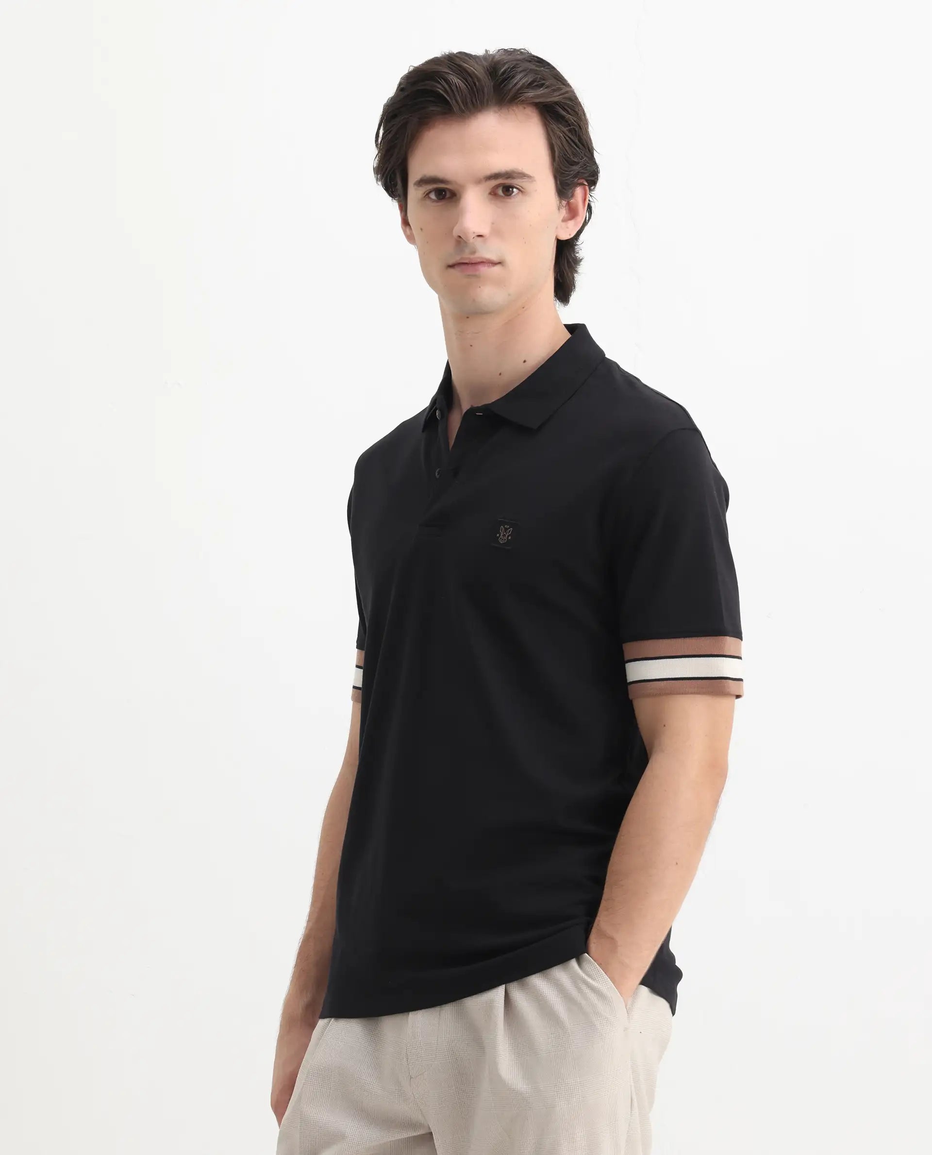 Rare Rabbit Men's Tao Black Cotton Plain Regular Fit Half Sleeve Polo