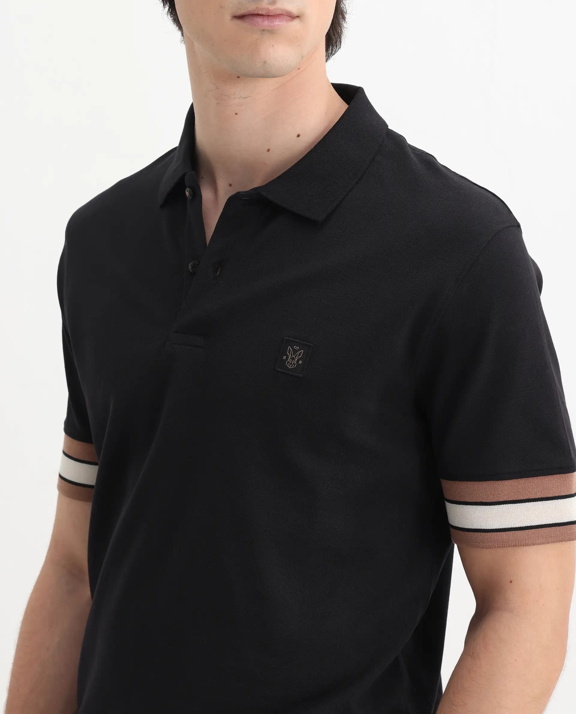 Rare Rabbit Men's Tao Black Cotton Plain Regular Fit Half Sleeve Polo