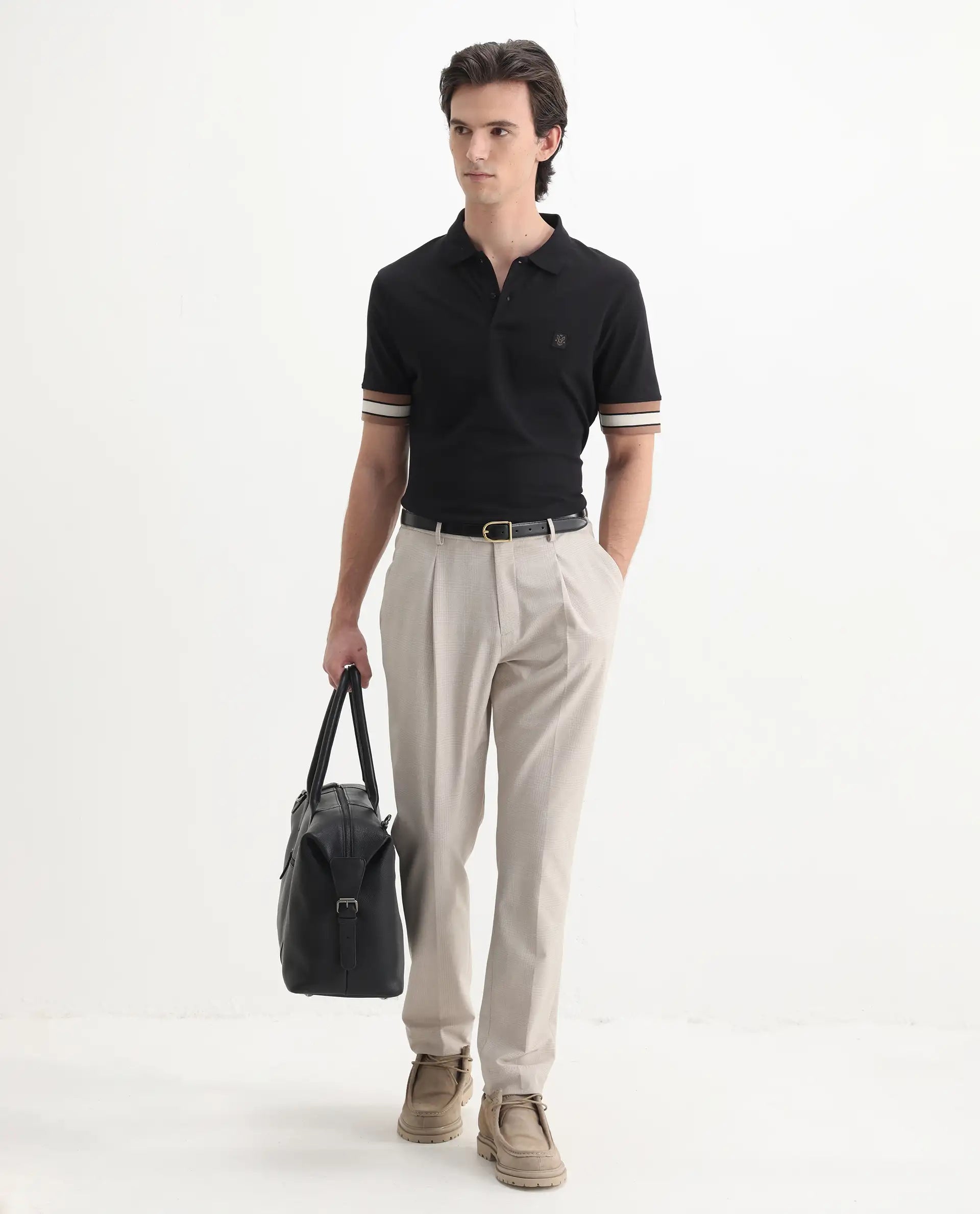 Rare Rabbit Men's Tao Black Cotton Plain Regular Fit Half Sleeve Polo