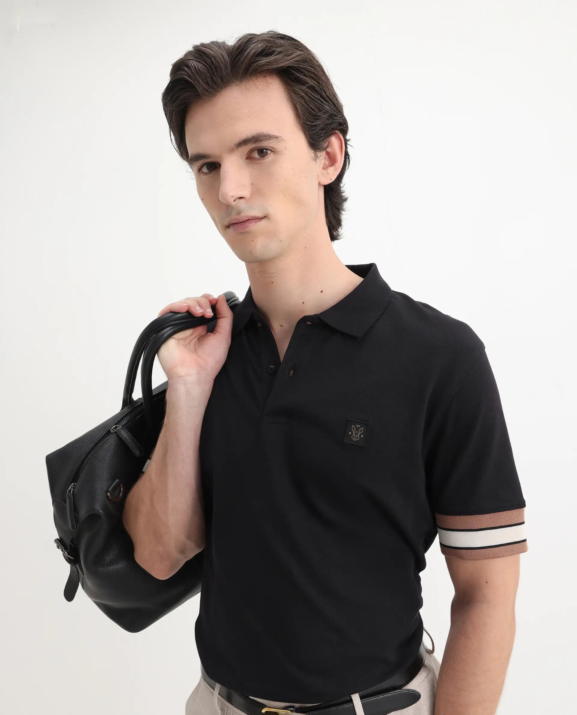 Rare Rabbit Men's Tao Black Cotton Plain Regular Fit Half Sleeve Polo
