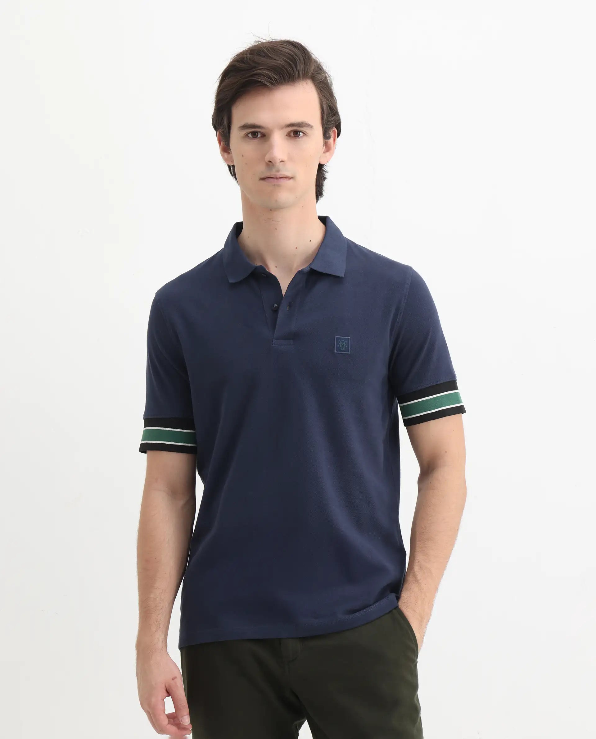 Rare Rabbit Men's Tao Dark Blue Cotton Plain Regular Fit Half Sleeve Polo