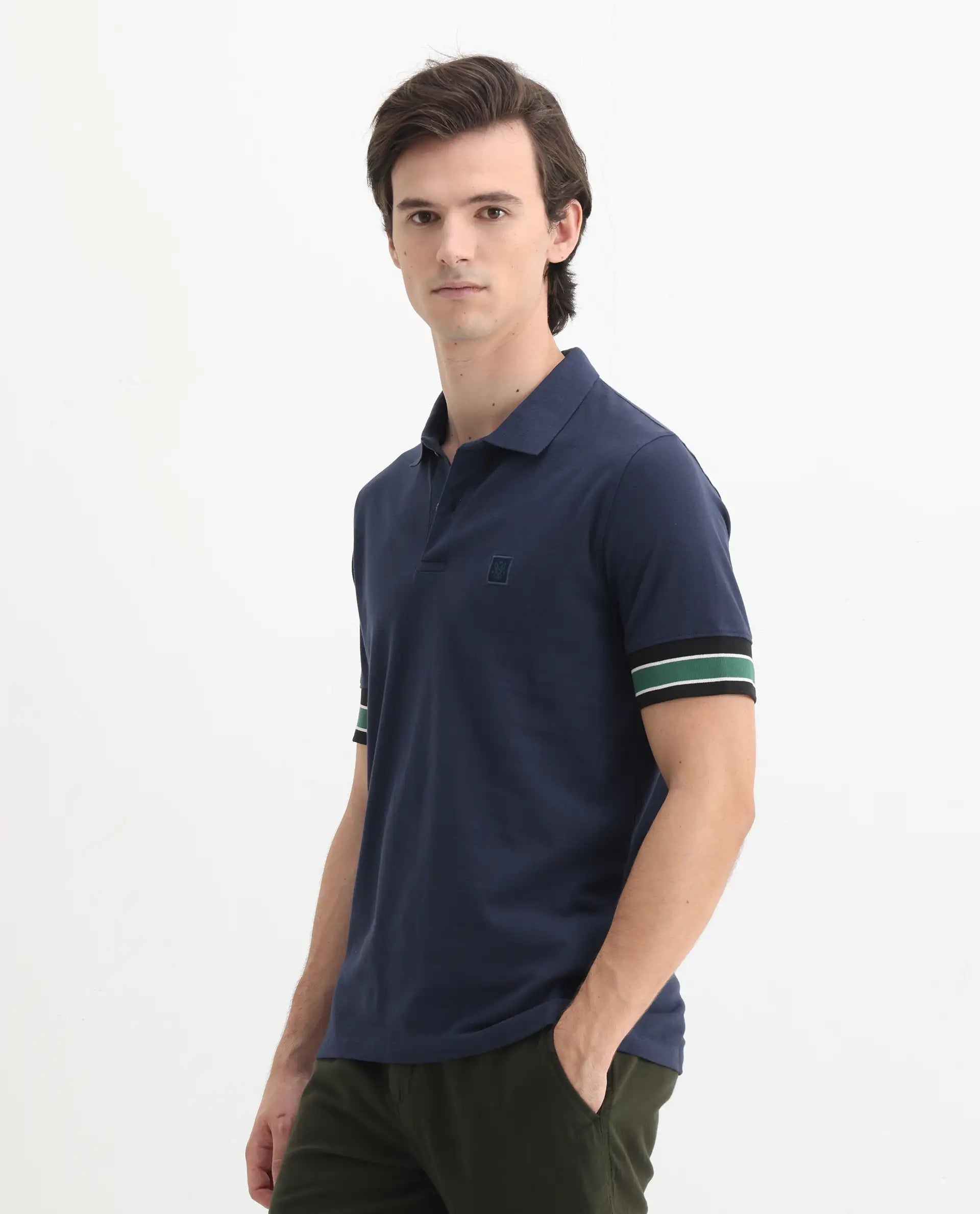 Rare Rabbit Men's Tao Dark Blue Cotton Plain Regular Fit Half Sleeve Polo