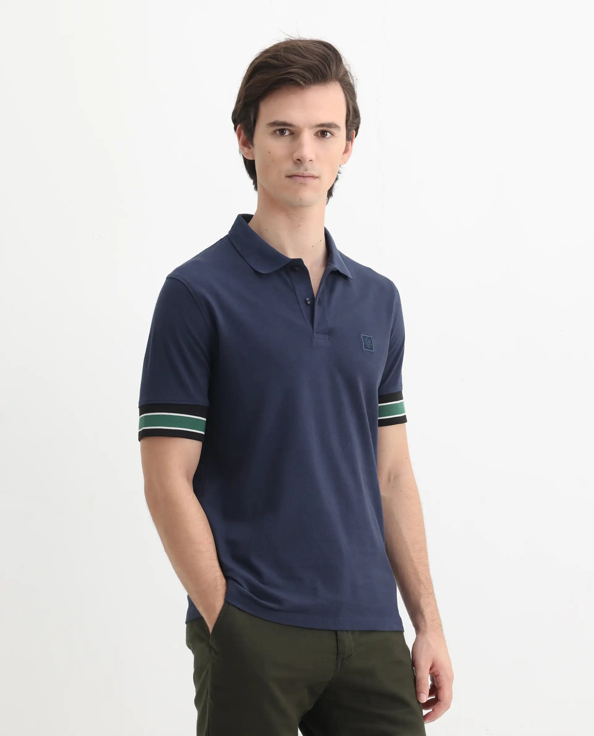 Rare Rabbit Men's Tao Dark Blue Cotton Plain Regular Fit Half Sleeve Polo