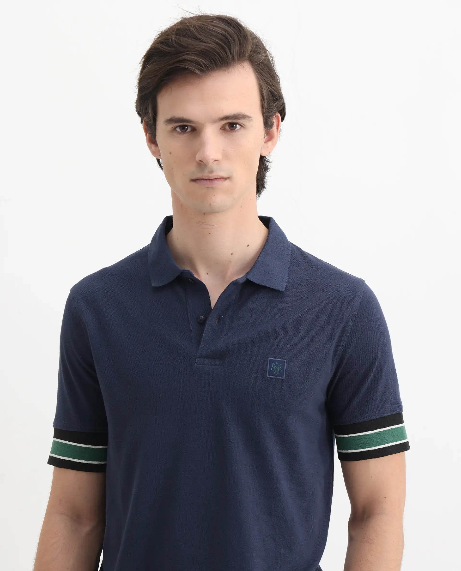 Rare Rabbit Men's Tao Dark Blue Cotton Plain Regular Fit Half Sleeve Polo