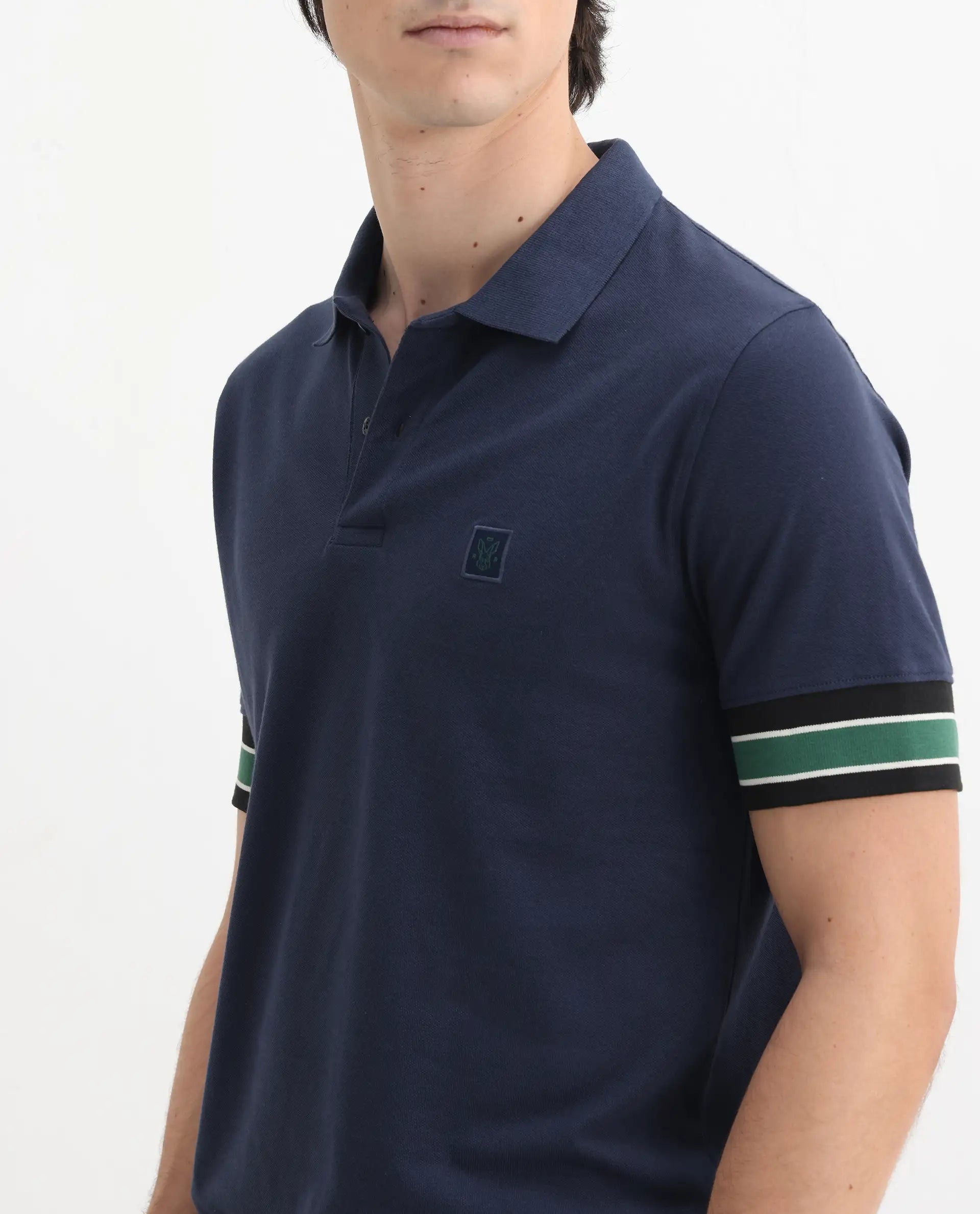 Rare Rabbit Men's Tao Dark Blue Cotton Plain Regular Fit Half Sleeve Polo