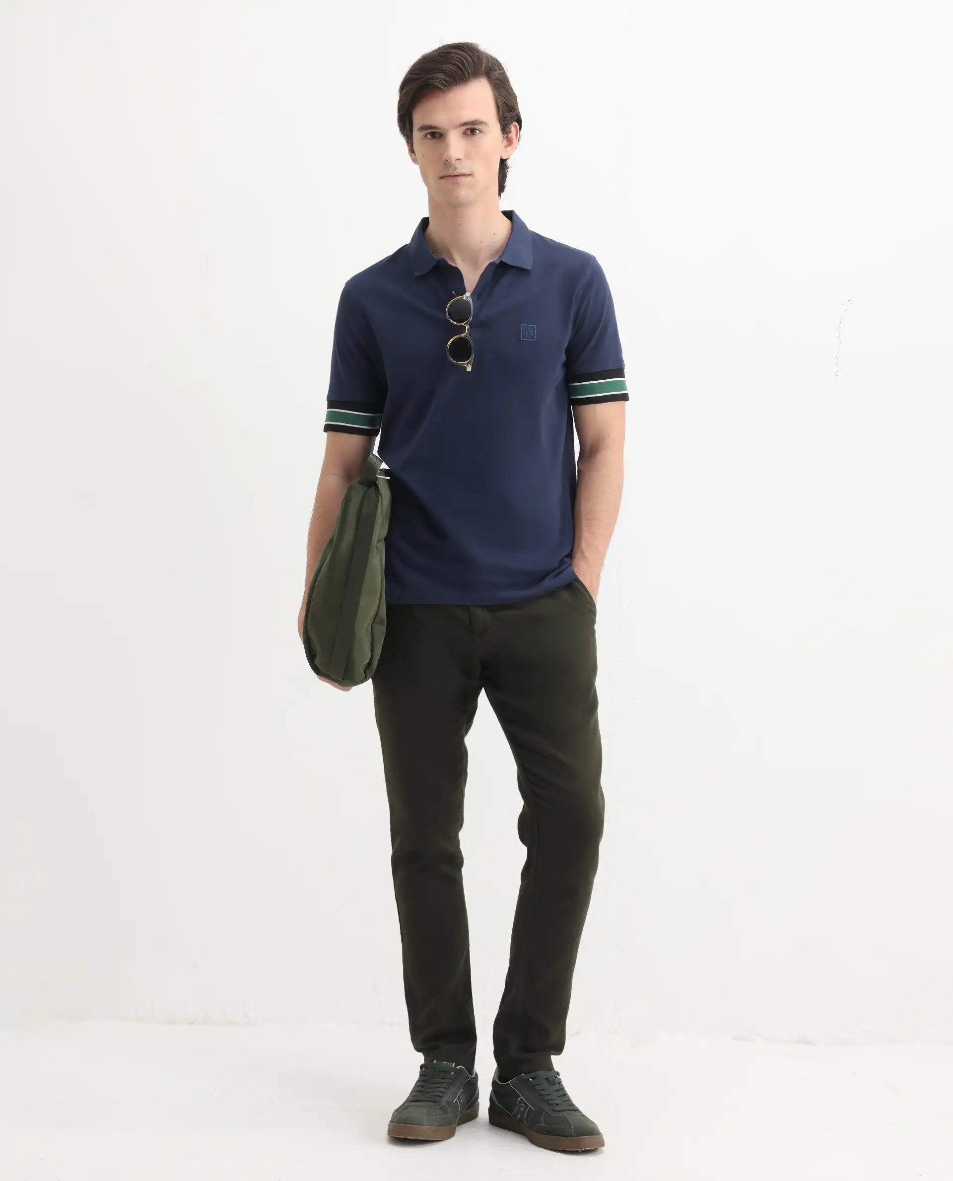 Rare Rabbit Men's Tao Dark Blue Cotton Plain Regular Fit Half Sleeve Polo