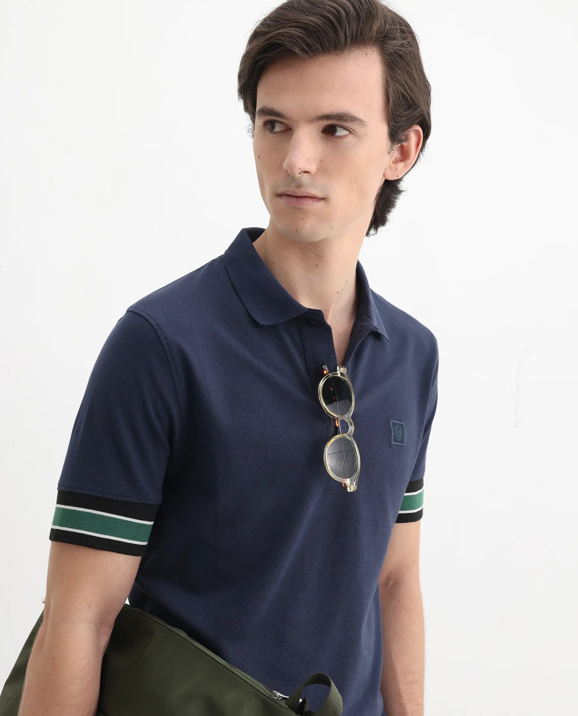 Rare Rabbit Men's Tao Dark Blue Cotton Plain Regular Fit Half Sleeve Polo