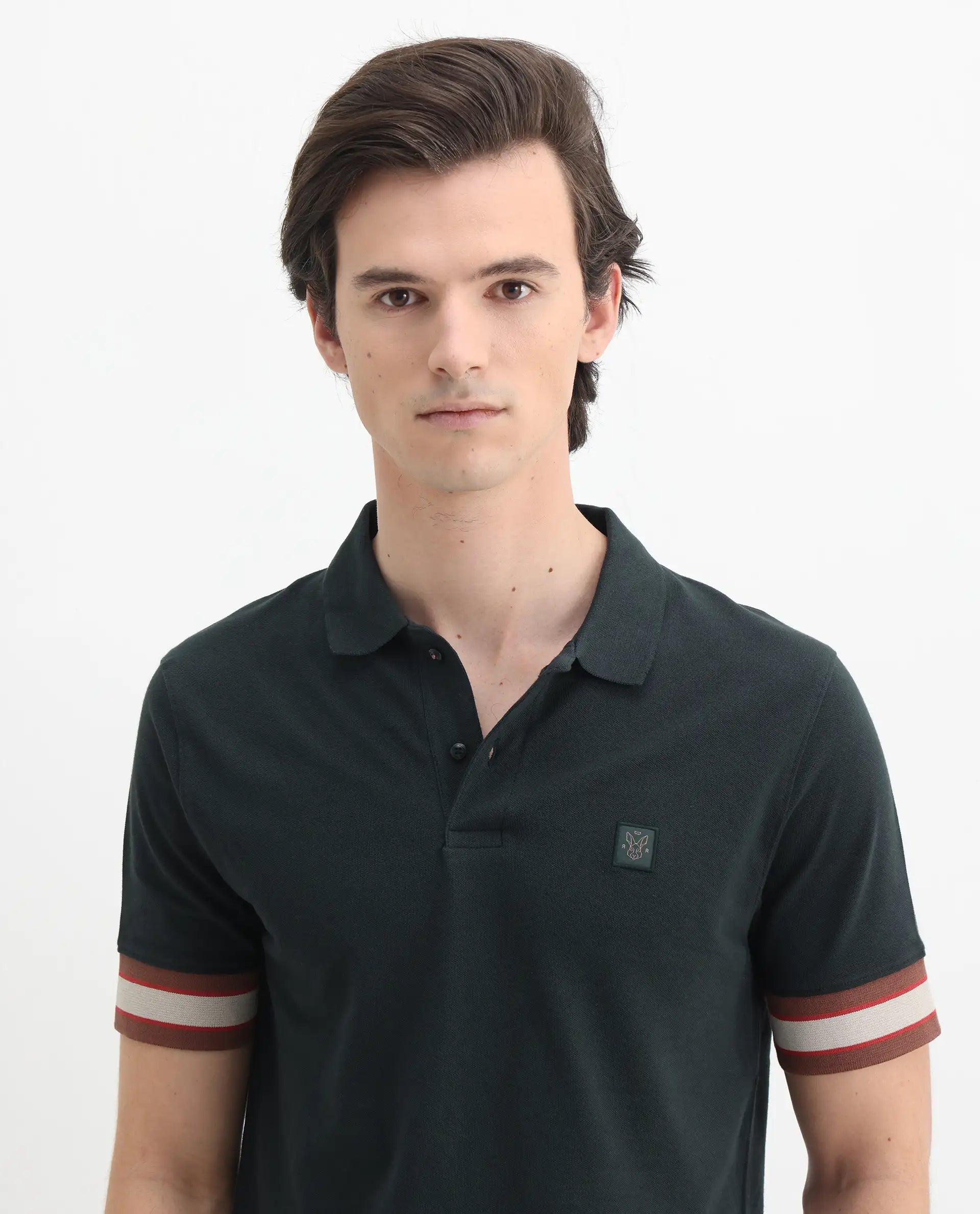 Rare Rabbit Men's Tao Green Cotton Plain Regular Fit Half Sleeve Polo