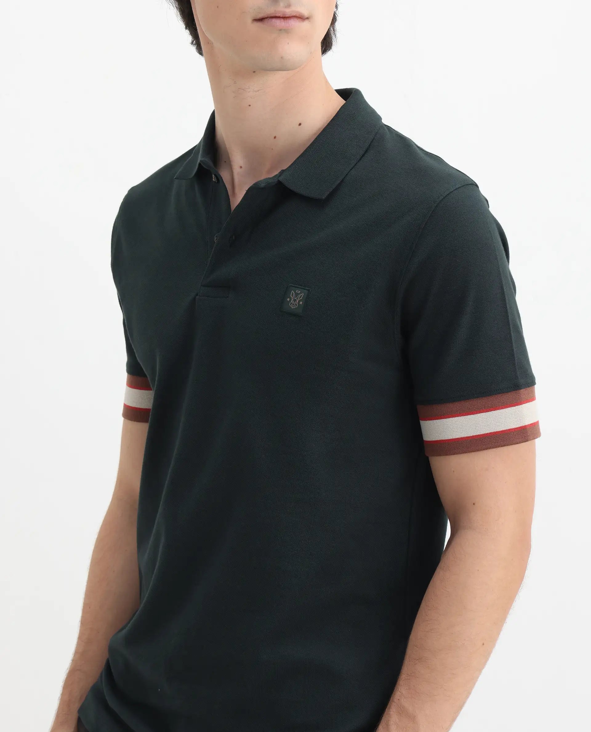 Rare Rabbit Men's Tao Green Cotton Plain Regular Fit Half Sleeve Polo