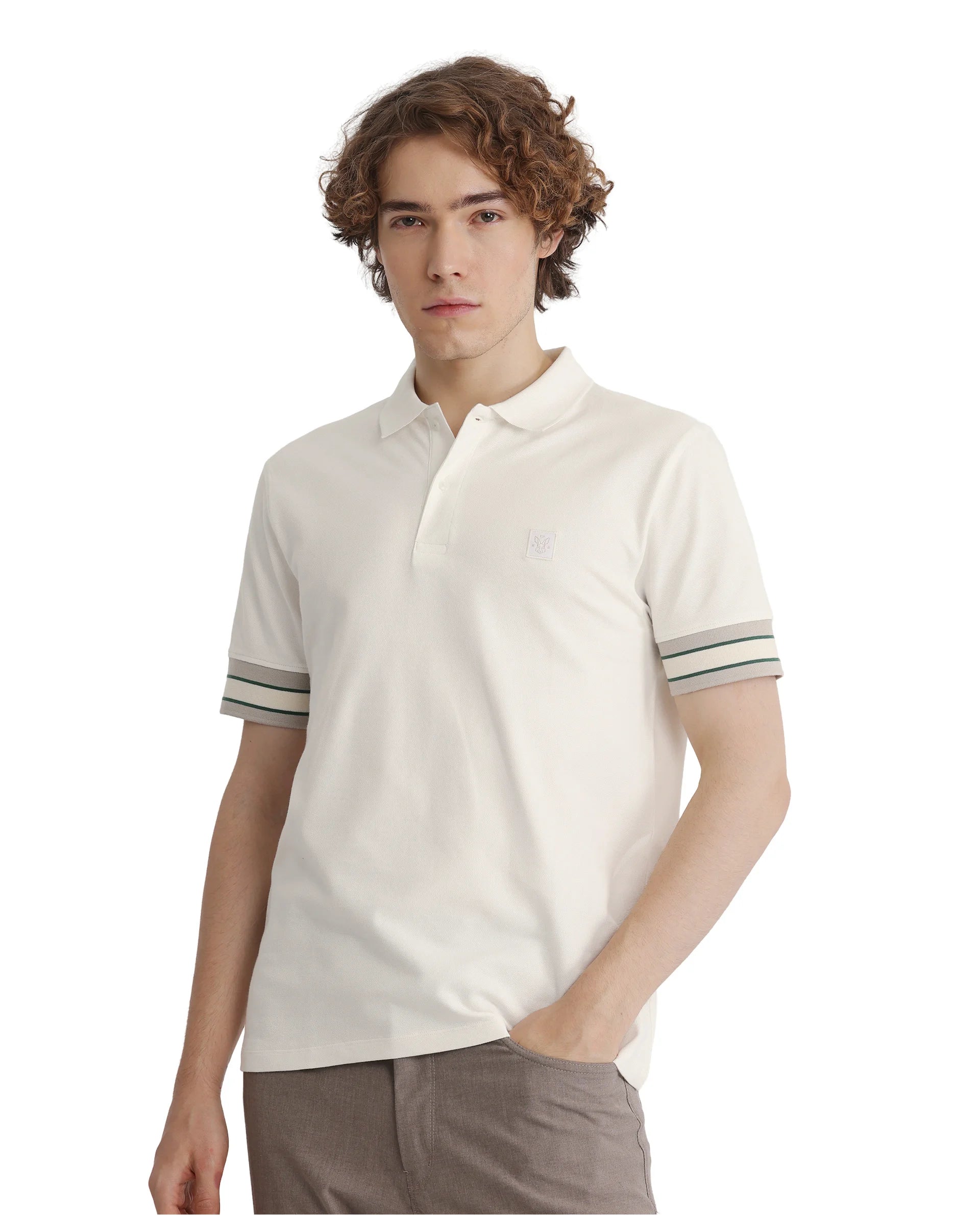 Rare Rabbit Men Tao Off White Cotton Pique Fabric Short Sleeve Regular Fit Logo Chest Badge Contrasting Sleeve Plain Polo