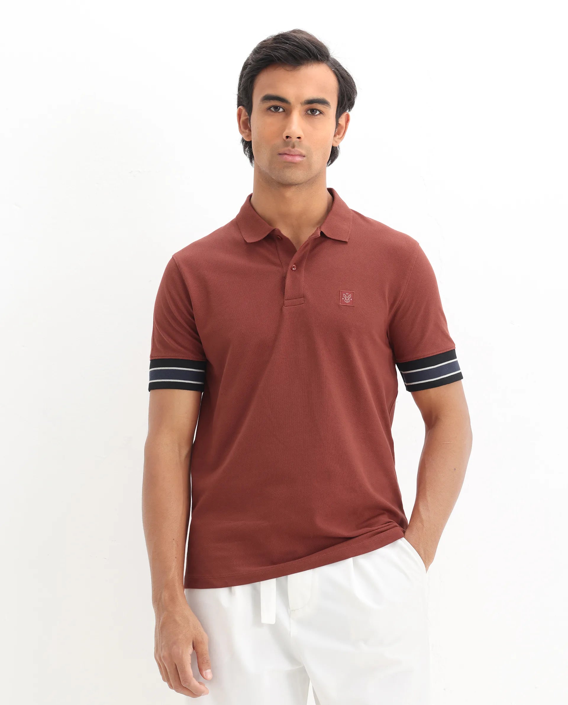 Rare Rabbit Men's Tao Red Cotton Plain Regular Fit Half Sleeve Polo